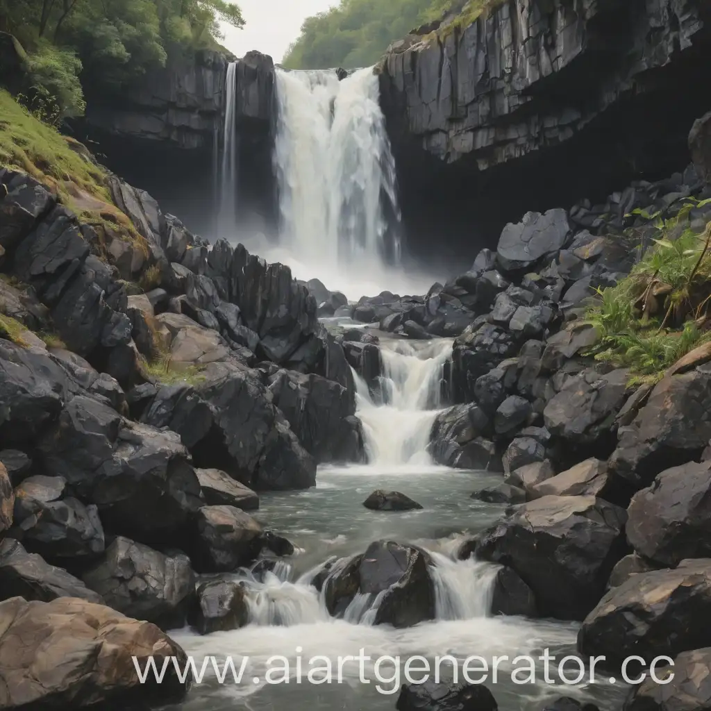 Majestic-Waterfall-with-Silhouetted-Black-Rocks-in-Natures-Embrace