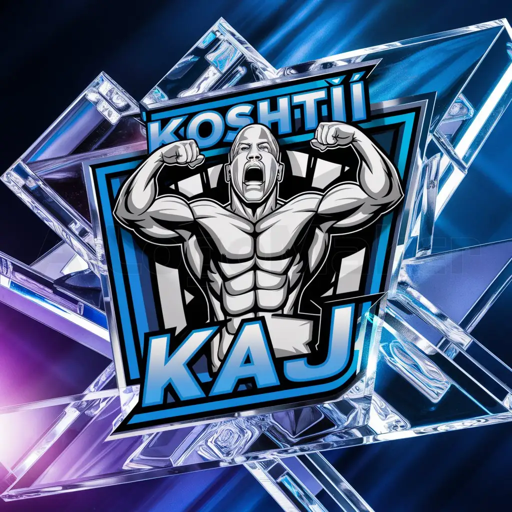 a logo design,with the text "KOSHTII KAJ", main symbol:A logo taken from Pro Wrestling. Blue borders. a muscled prowrestler is in the middle of the logo,complex,clear background