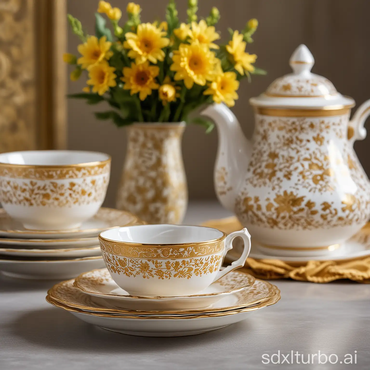 一叠盘子在中间上面有个碗金色花纹描金边，焦点准确，背景模糊，左边有花瓶，右边有茶壶