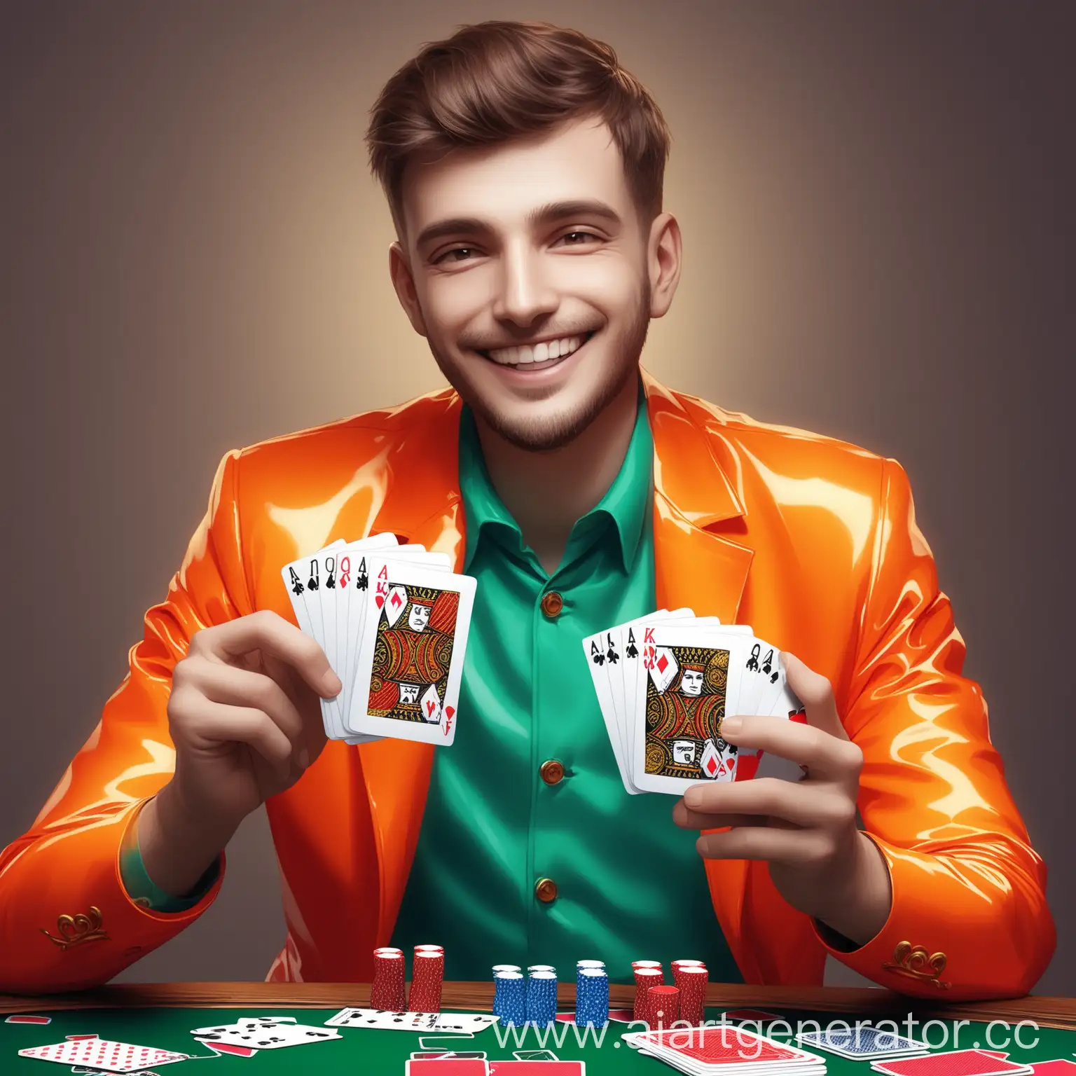 Мужчина в яркой одежде держит в руках игральные карты и улыбается