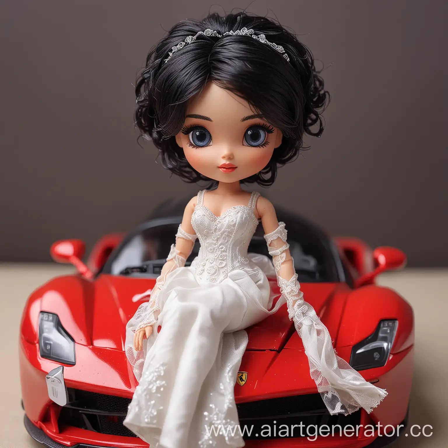 a doll with black short hair in the bride's dress on a hood of a ferrari laferrari