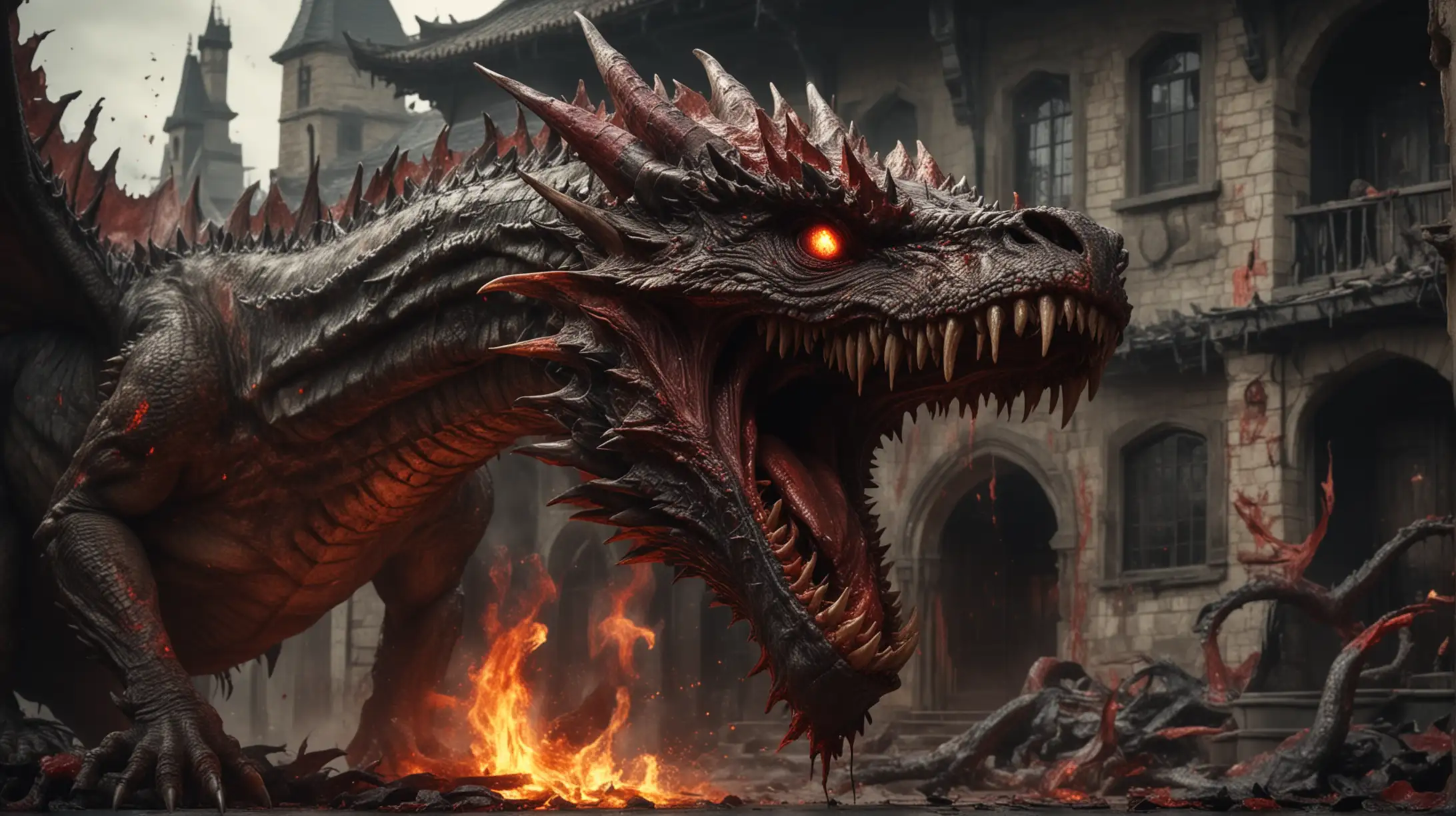 Bloody horror dragon with scary face and huge teeth spitting fire on people. Dead people everywhere . House of dragon style

Make the dragon really scary 