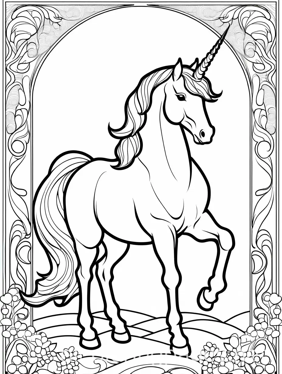 unicorn princesses coloring pages for kids, Coloring Page, black and white, line art, white background, Simplicity, Ample White Space. The background of the coloring page is plain white to make it easy for young children to color within the lines. The outlines of all the subjects are easy to distinguish, making it simple for kids to color without too much difficulty