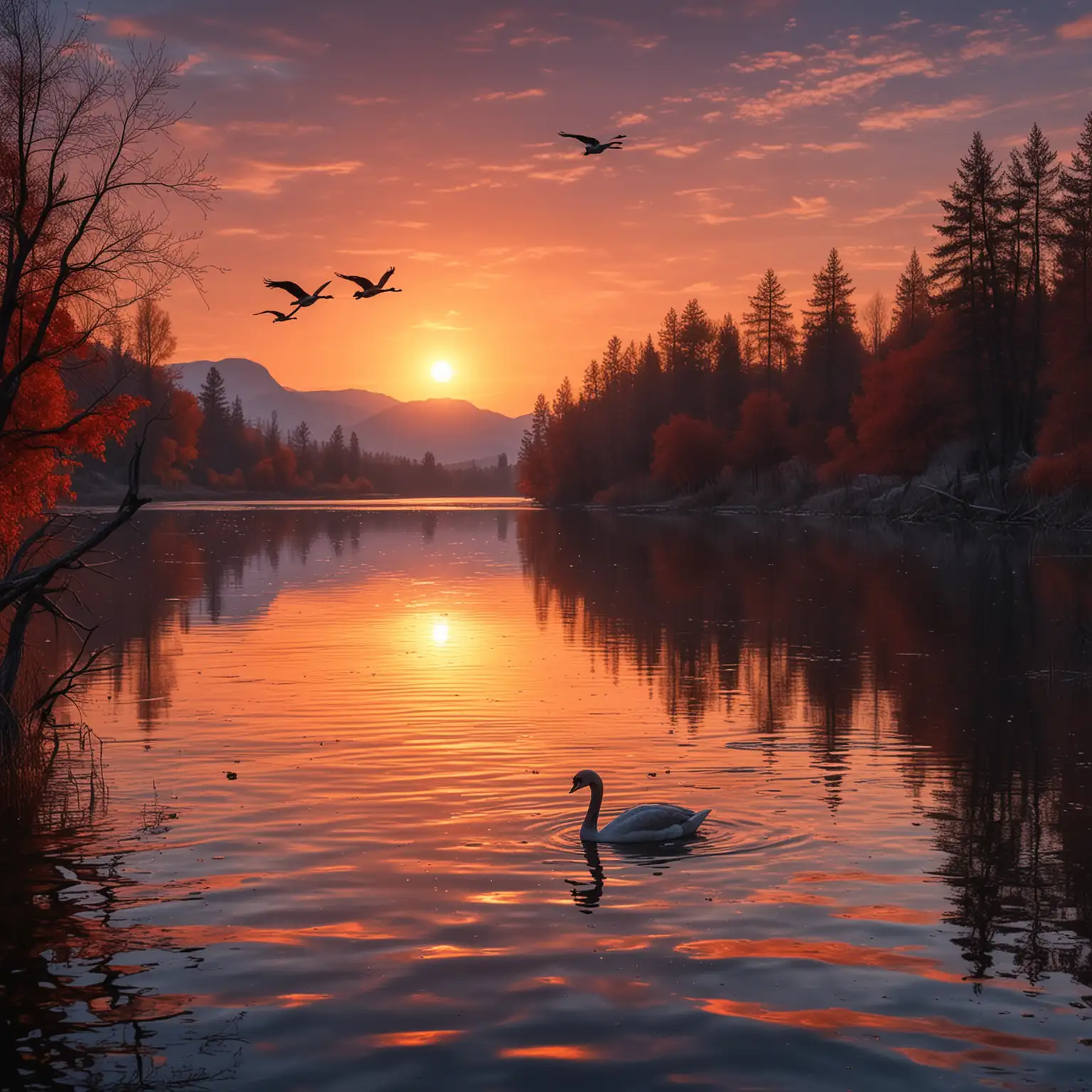 Evening time at the lake, sky turns from orange-red to deep blue, like sunset colors. Water surface reflects the glow of the sky, ripples shining. Several black swans flying gracefully in the sky, wings flashing metallic light under the setting sun. Background trees or mountains add depth to the scene. The whole picture creates a quiet and magnificent atmosphere, highlighting the swan's loneliness with the broadness of the sky and water surface.