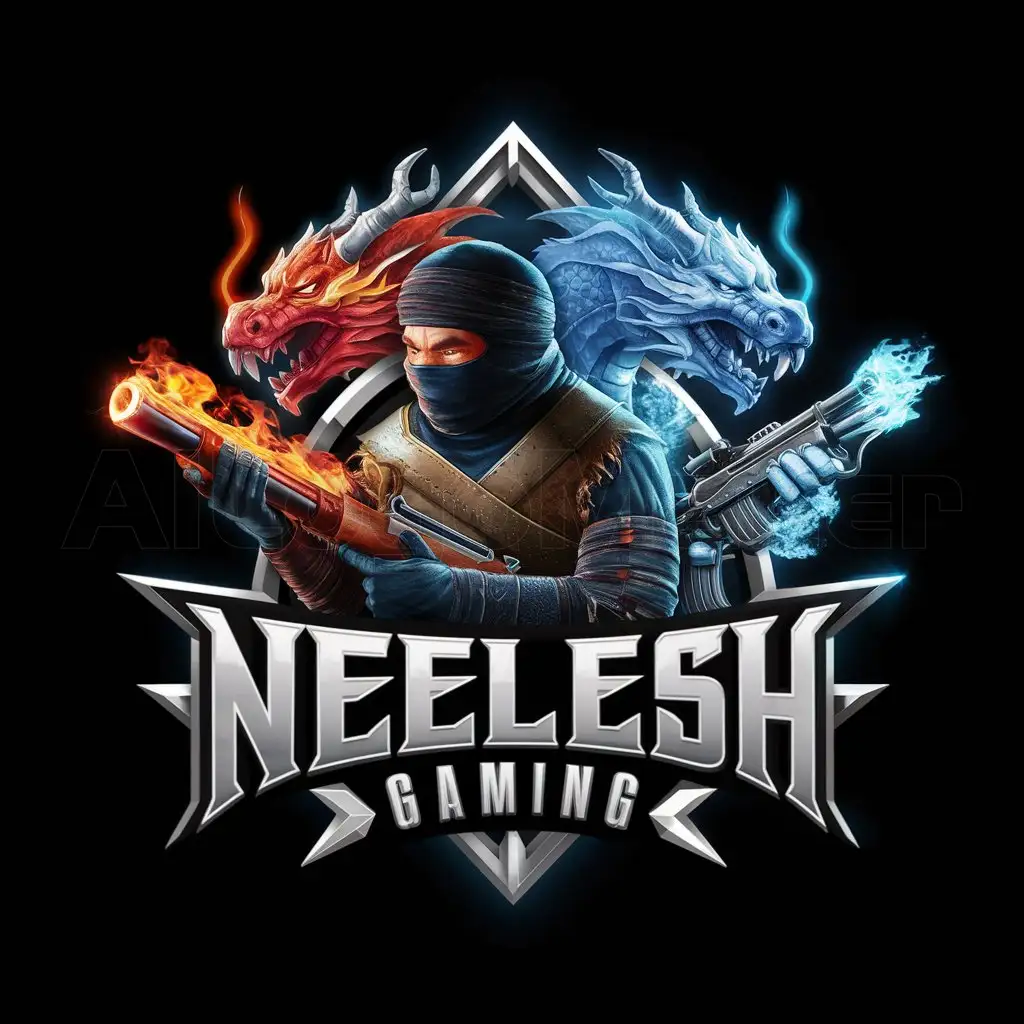 a logo design,with the text "Neelesh Gaming", main symbol:Realistic fire Ninja and ice dragon with Flame Shotgun and Frost Rifle in black background,complex,be used in 0 industry,clear background