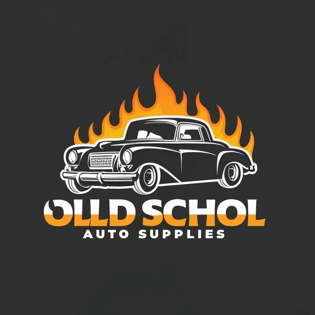 a logo design,with the text "Old School Auto Supplies", main symbol:Old car, exhaust pipe with flames, hot rod,,Minimalistic,be used in Automotive industry,clear background