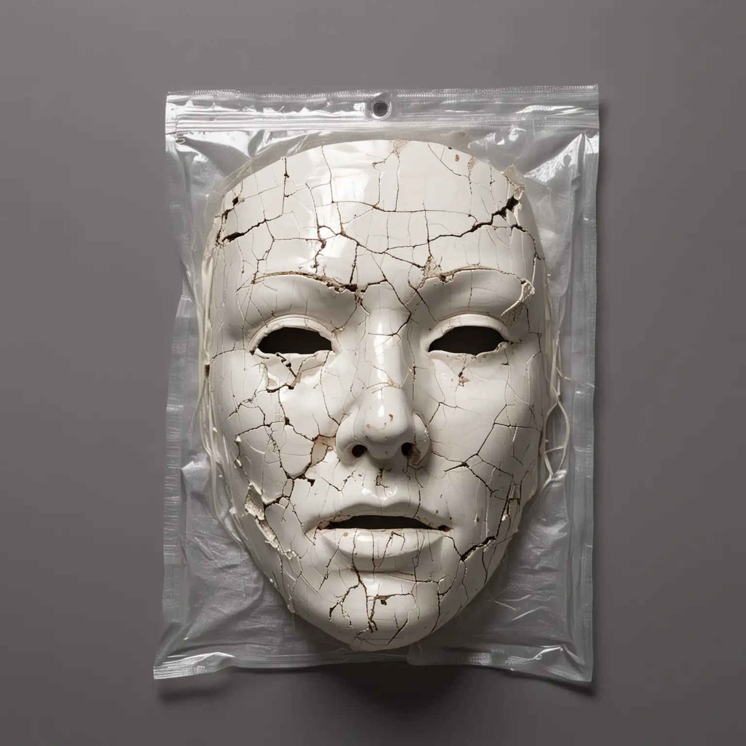 A cracked white porcelain mask in a police evidence bag