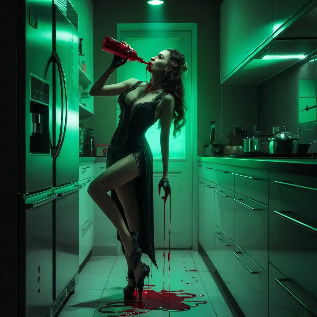 a dimly lit kitchen swathed in green light, a beautiful woman vampire dressed in black stands by the fridge drinking a bottle of blood with it dripping down her chin