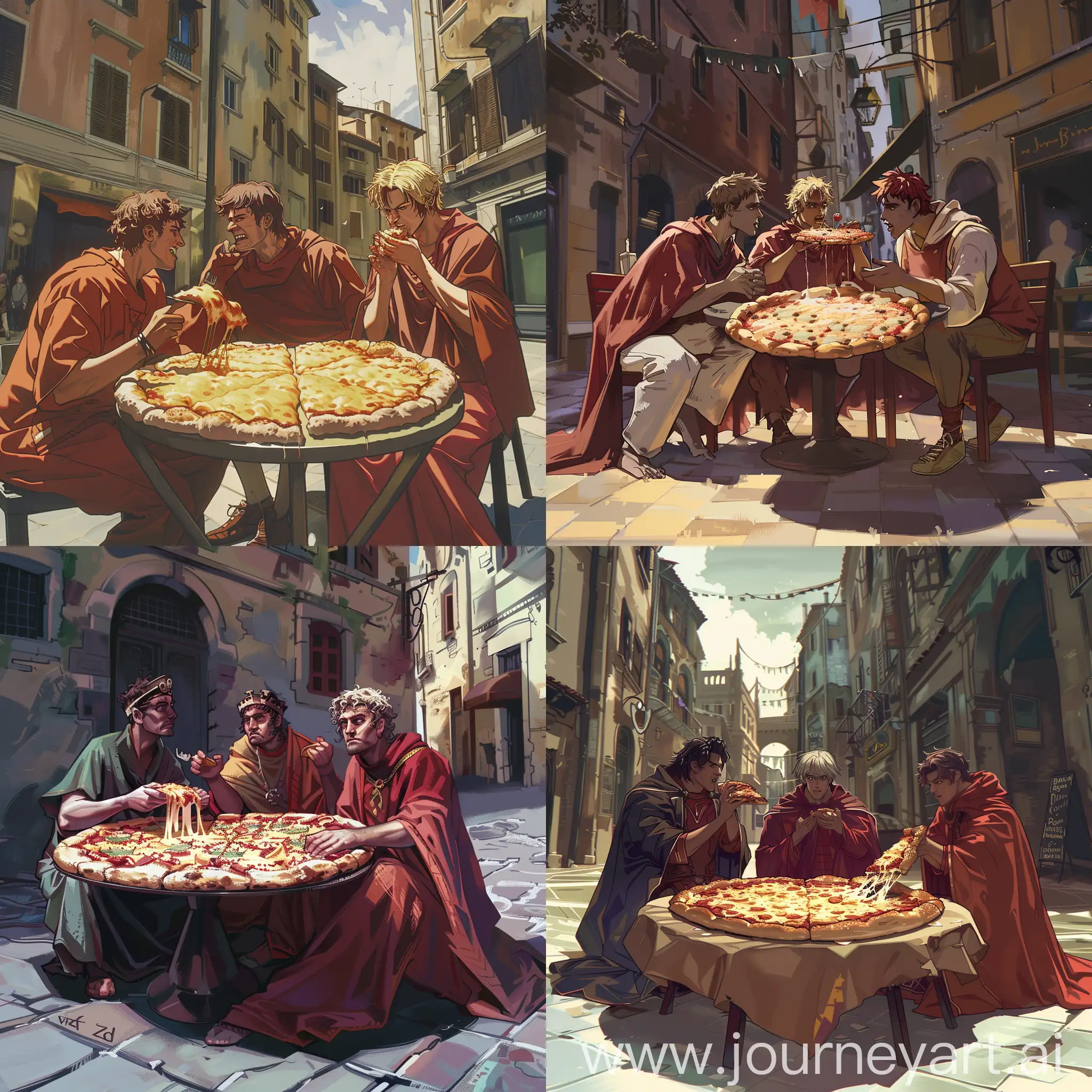 сгенерируй картинку, где Данте, Вергилий и Неро сидят на улице у ресторана за столом и едят большую пиццу с сыром