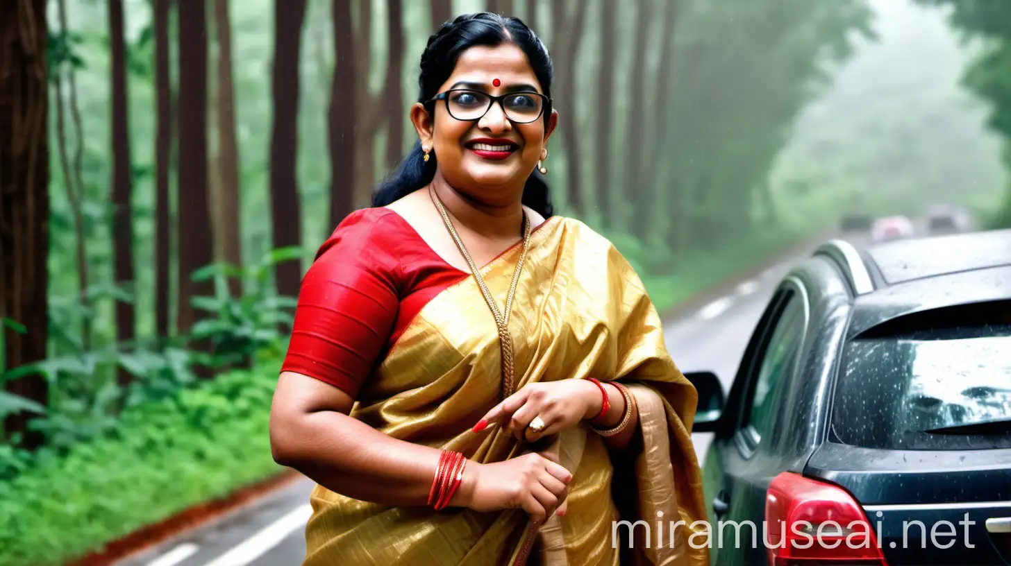 a fat chubby  mature indian lady having age 46 with makeup, with thick black hair with French braid hairstyle  and wearing a spectacles on face , wearing a golden saree and red blouse , standing near a car on a forest road. a vanity bag is on her shoulder. she is happy and smiling . its raining heavy.
