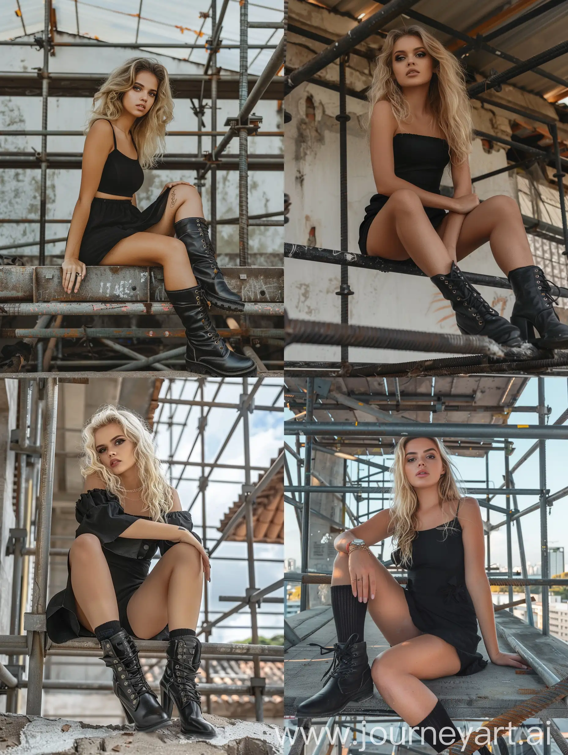 1 blonde young brazilian woman, influencer, beauty, black dress, makeup,, little fat, black boots, ,sitting, half chubby, thick legs, socks and boots, 4k, , is working on a steel scaffold under construction