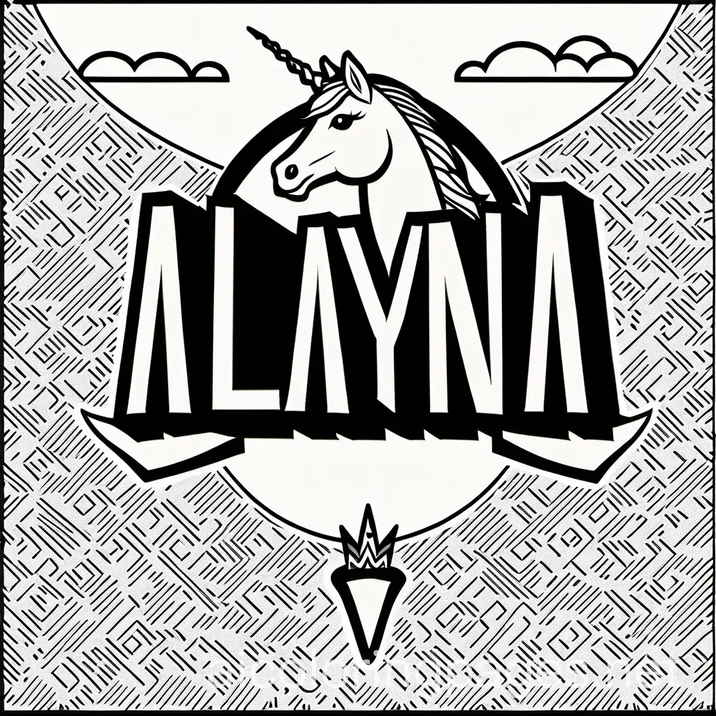 the name "Alayna" printed in block letters over a magical unicorn background, Coloring Page, black and white, line art, white background, Simplicity, Ample White Space. The background of the coloring page is plain white to make it easy for young children to color within the lines. The outlines of all the subjects are easy to distinguish, making it simple for kids to color without too much difficulty