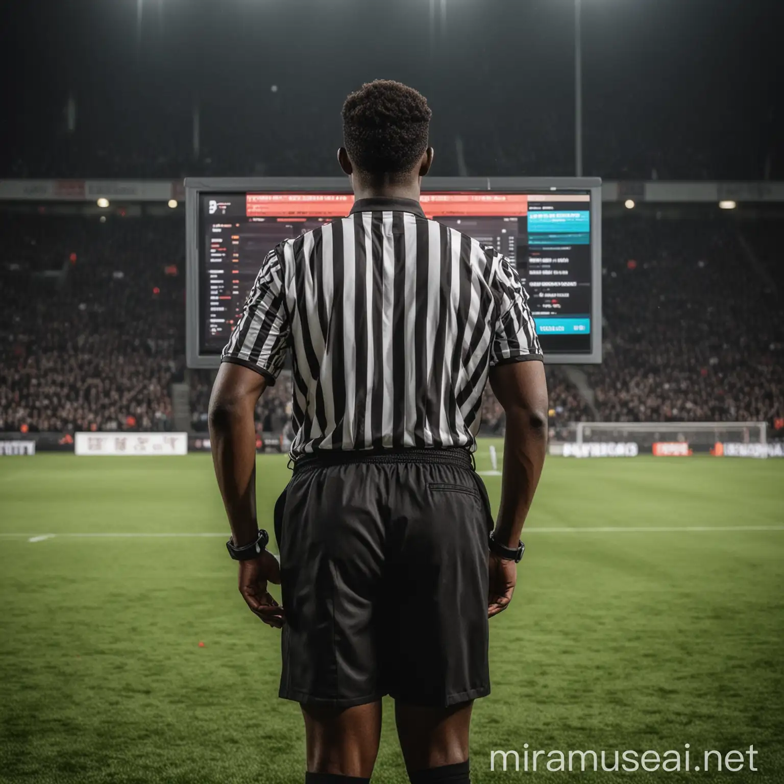 "Black football VAR referee." avec un ecran à coté