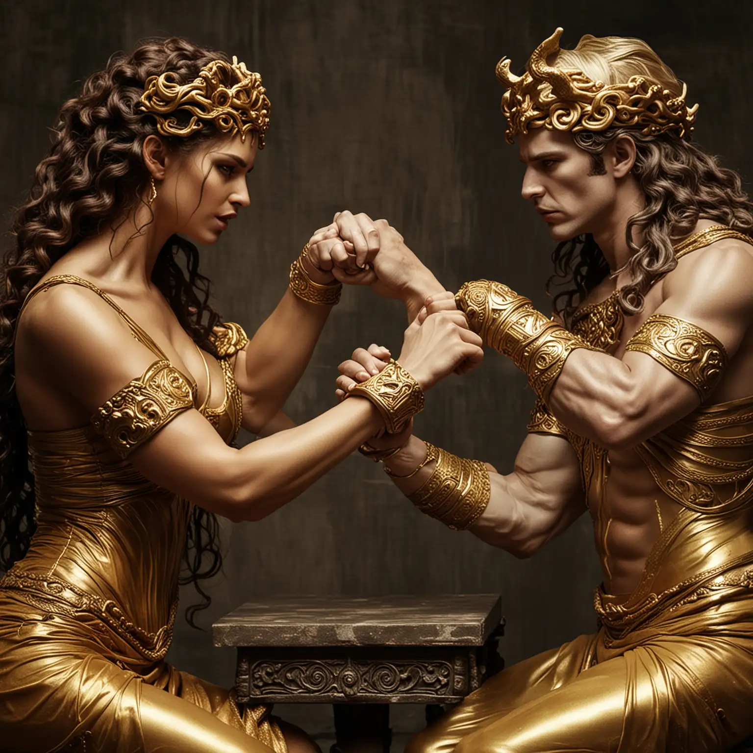 Medusa and King Midas arm wrestling