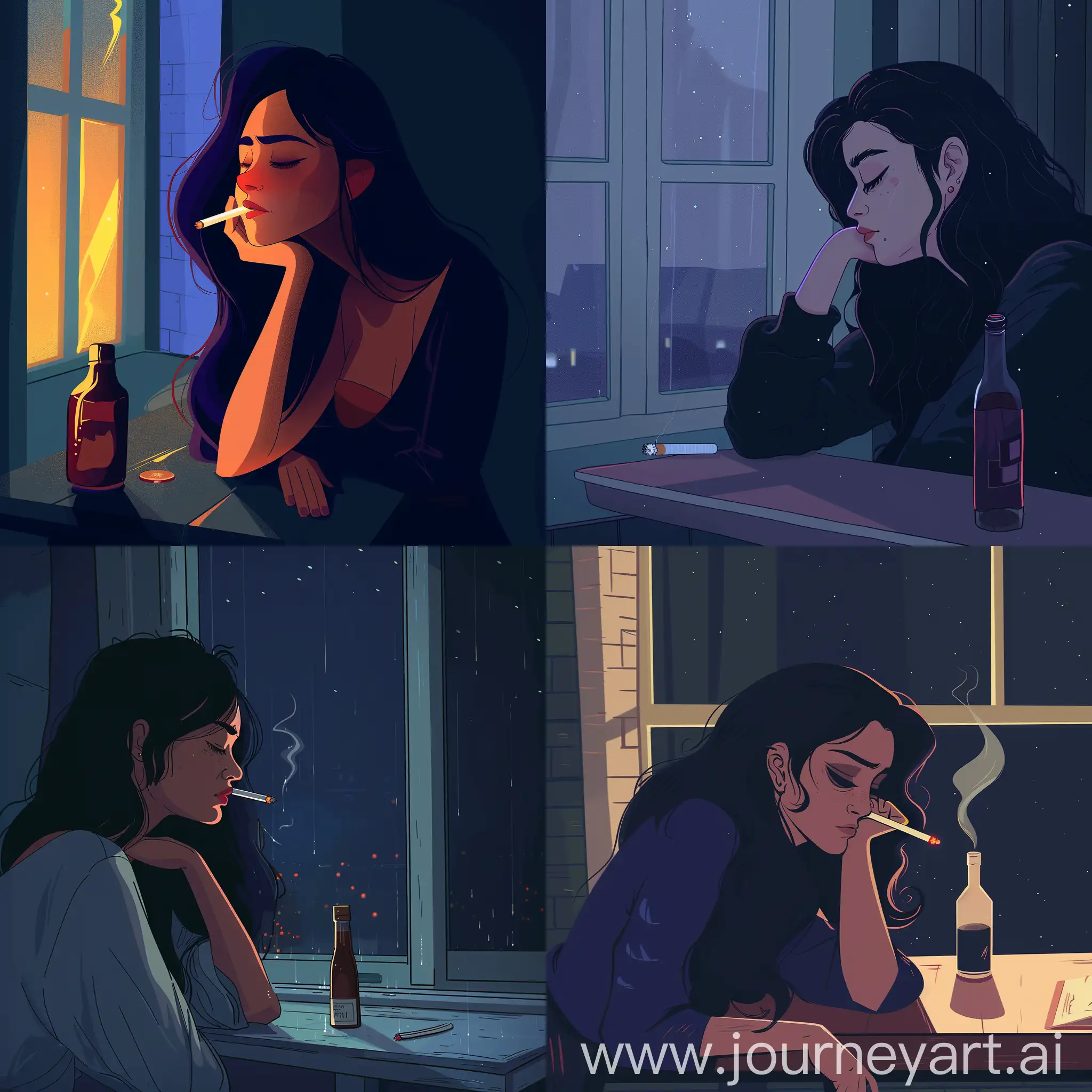 Sad woman with a cigarette leaned against the window at night, bottle at the table, animation style