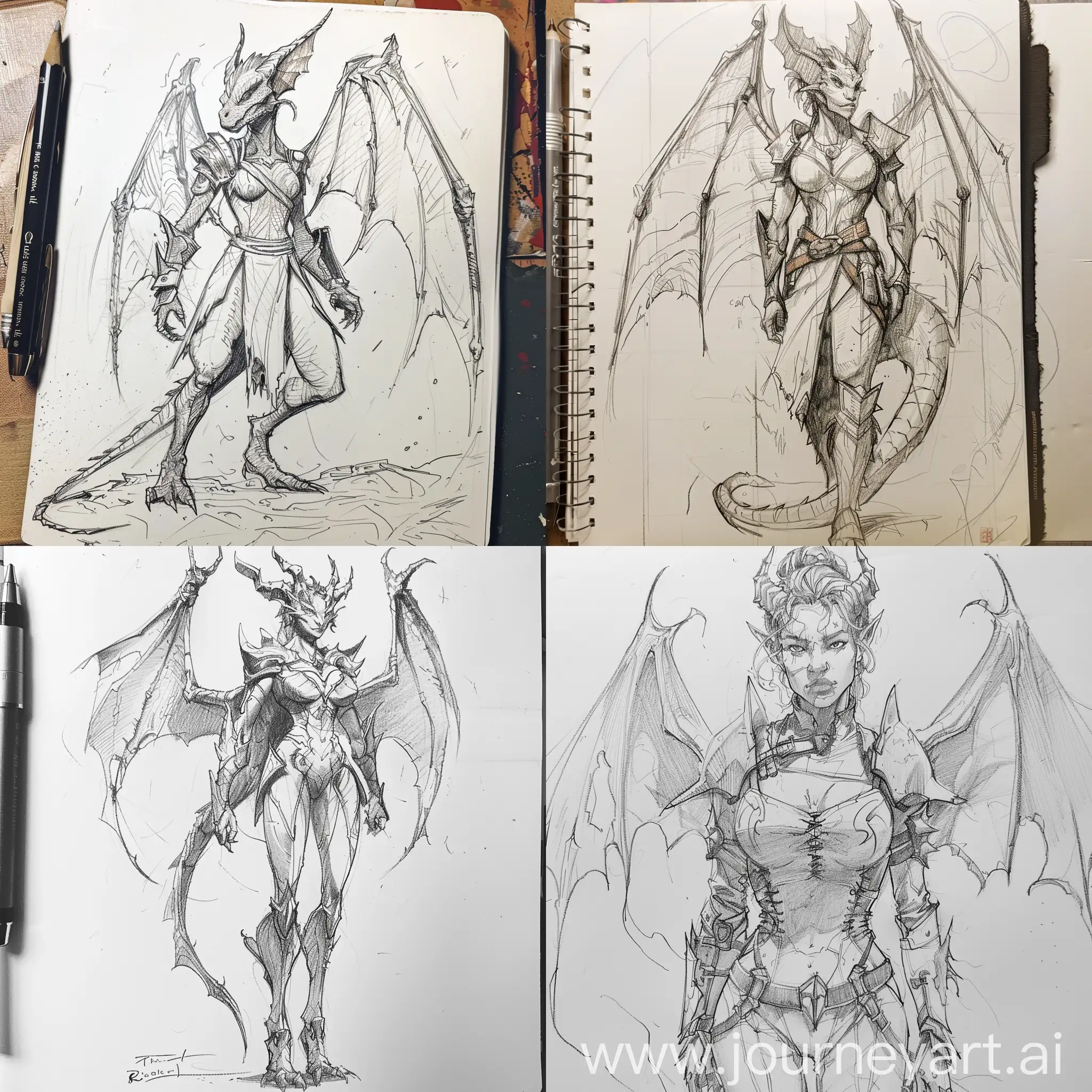 Draconess-Woman-DND-Reference-Pose-Front-and-Left-View-with-Pencil