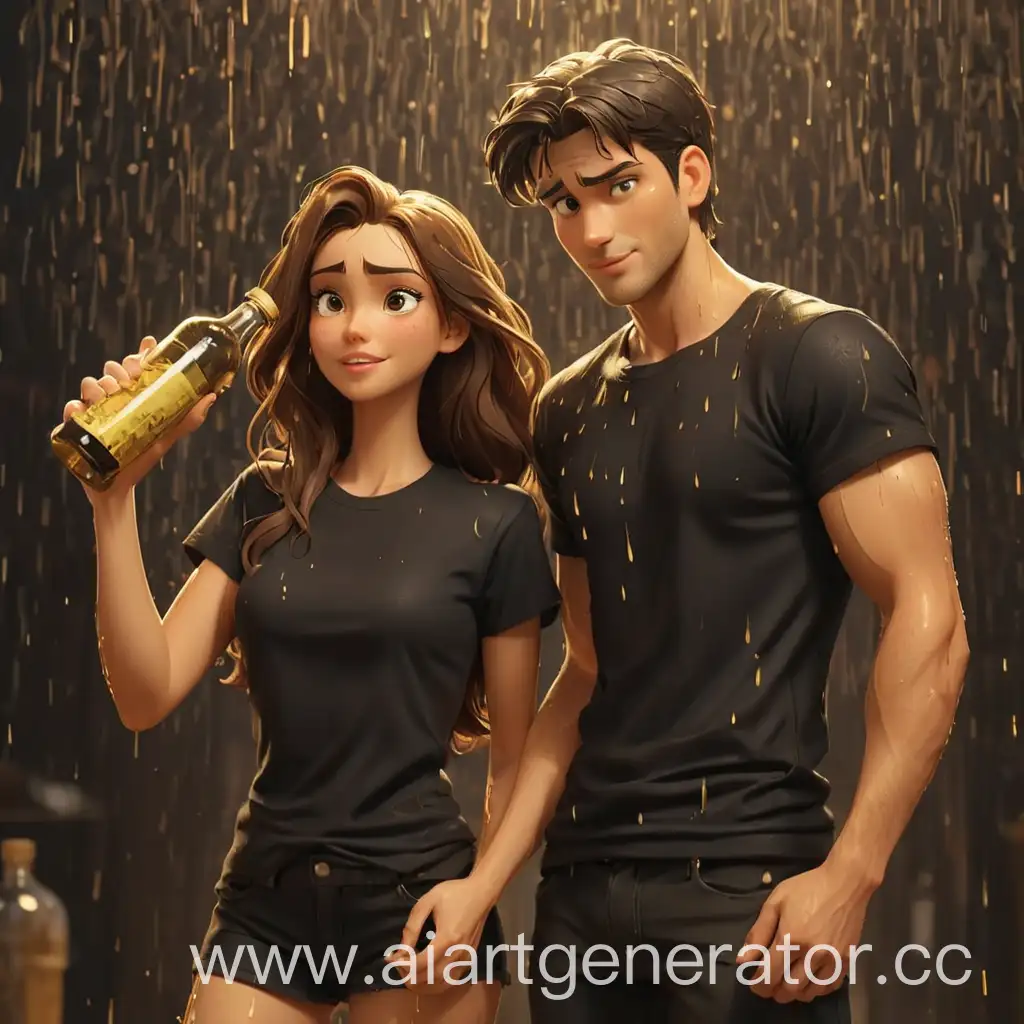 Stylish-Couple-Enjoying-Golden-Rain-with-a-Bottle