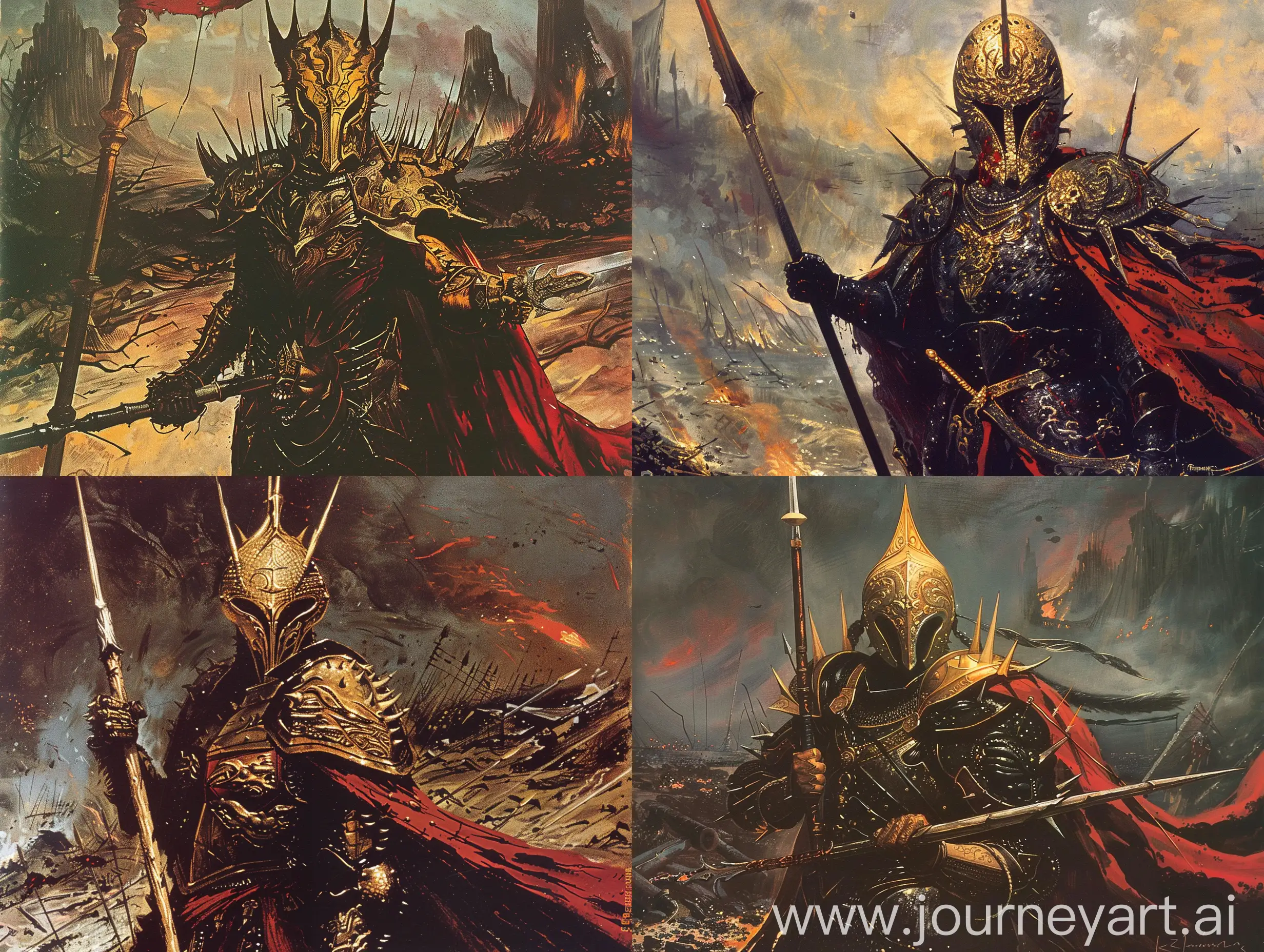 Mysterious-Warrior-in-Dark-Armor-with-Spear-in-Ravaged-Landscape