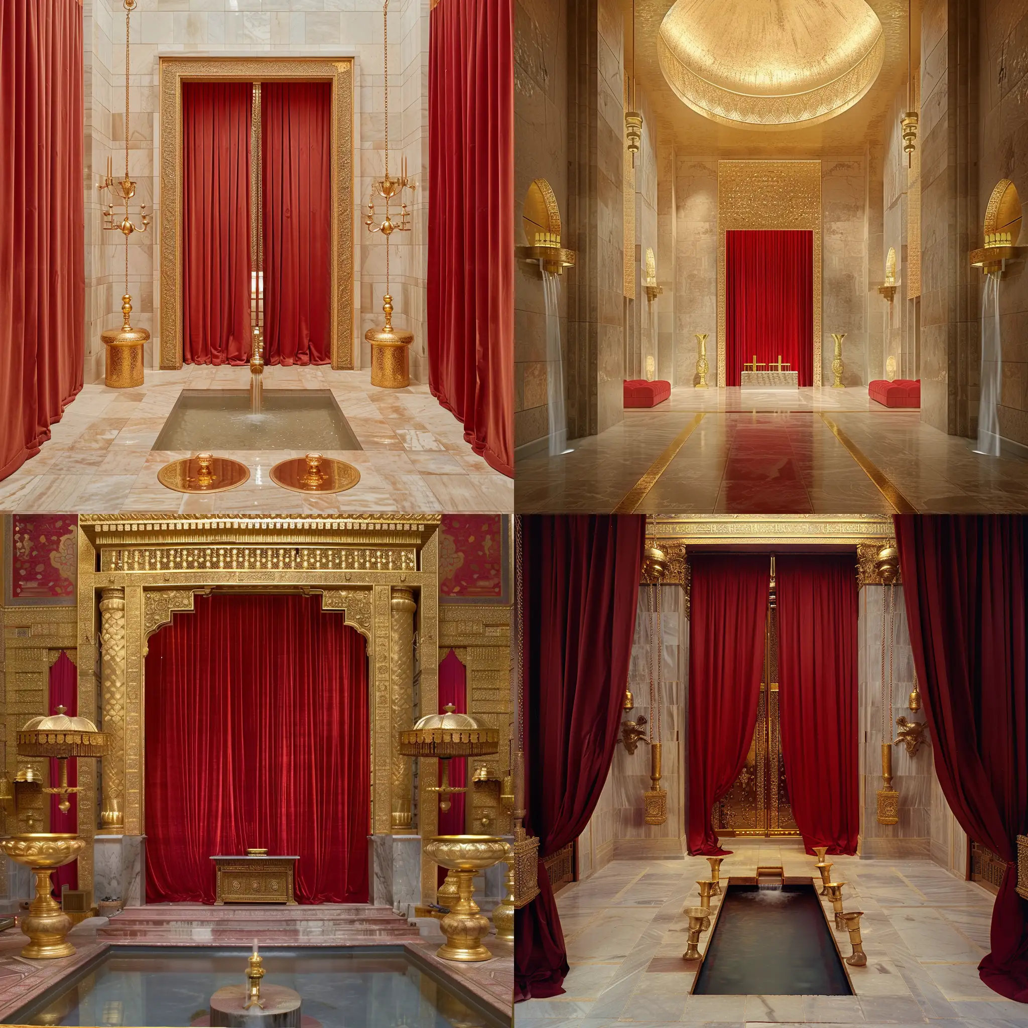Modern-Interpretation-of-King-Solomons-Temple-with-Red-Curtain-Door-and-Gold-Fixtures