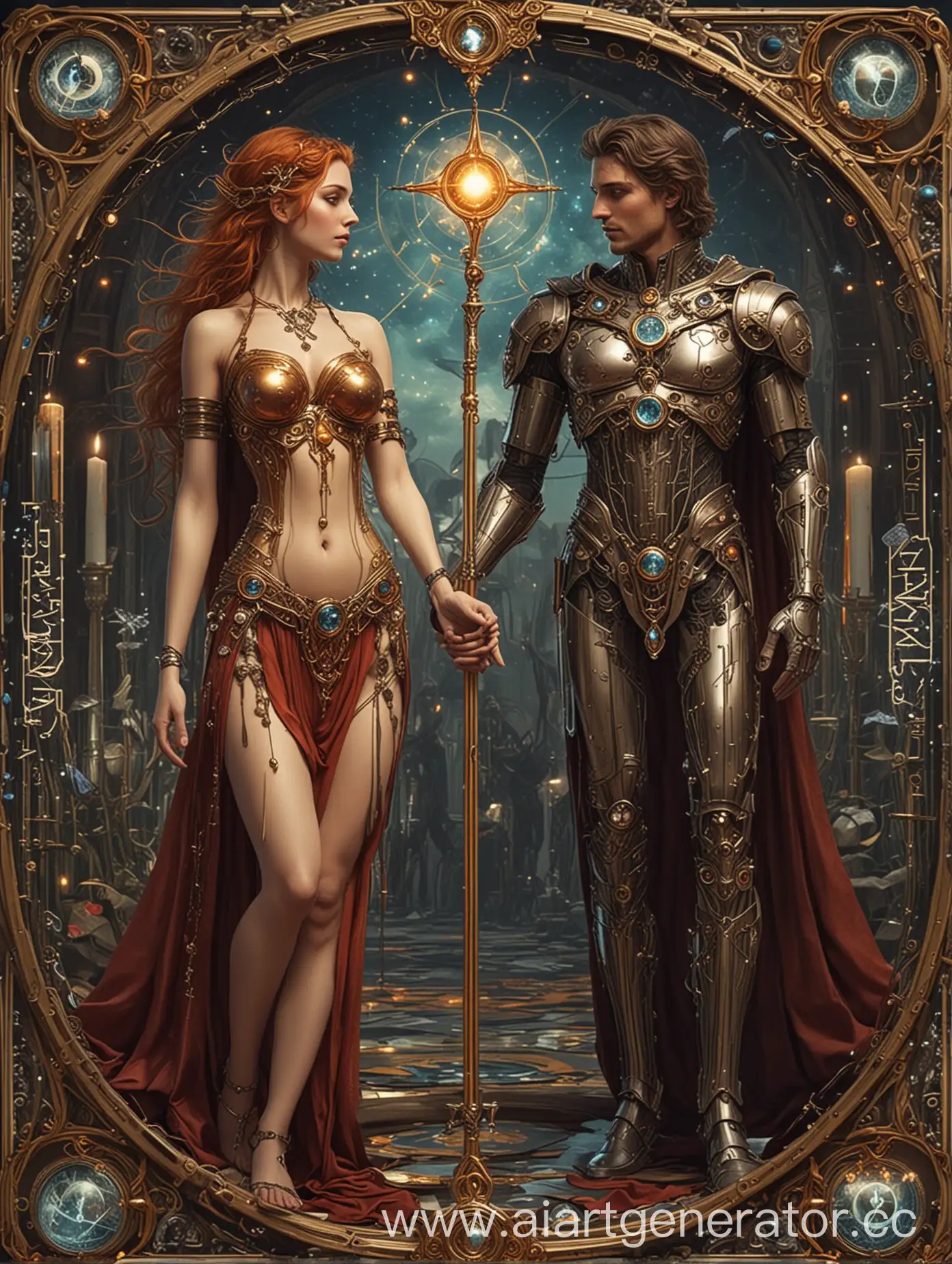 tarot: futuristic ai with maximum detail with elements of sexuality, magic - Arcanum The World : The Lovers