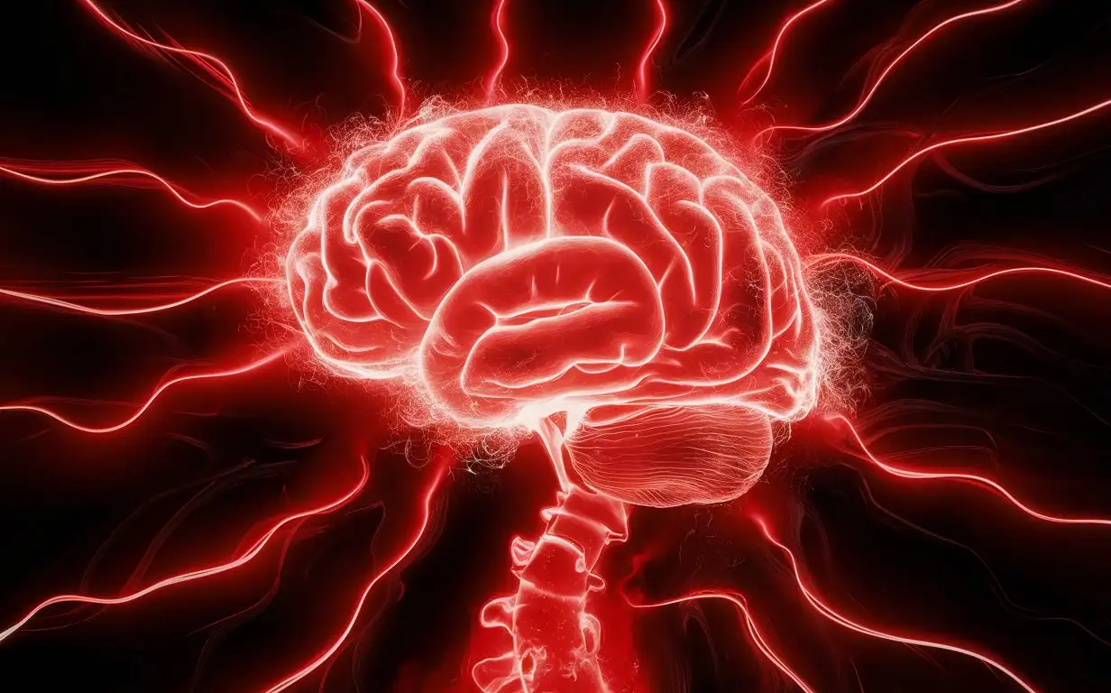 Brain and spinal chord, mutating, glowing, red, pulsing, floating in the center of the screen