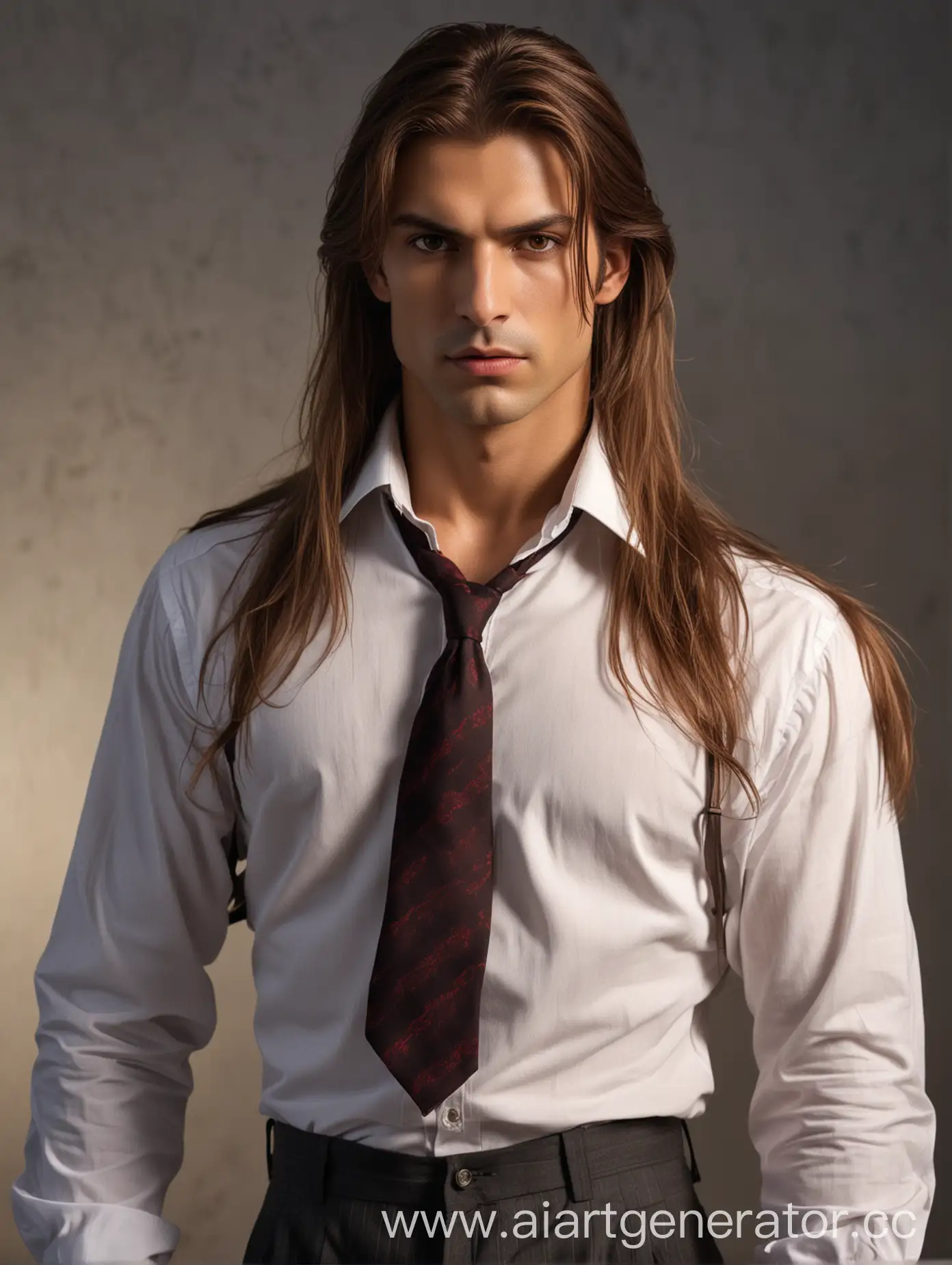 Высокий вампир, властный император, одетый в рубашку с галстуком и брюки, длинные каштановые волосы, карие глаза, слегка смуглая кожа, волевой взгляд,