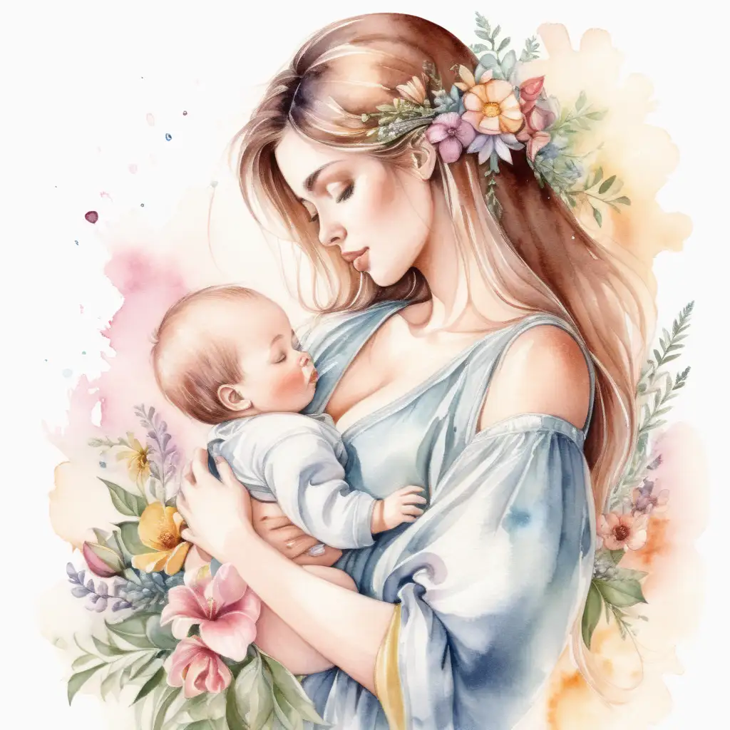 Tender Mother and Baby Embracing Surrounded by Delicate Watercolor Flowers