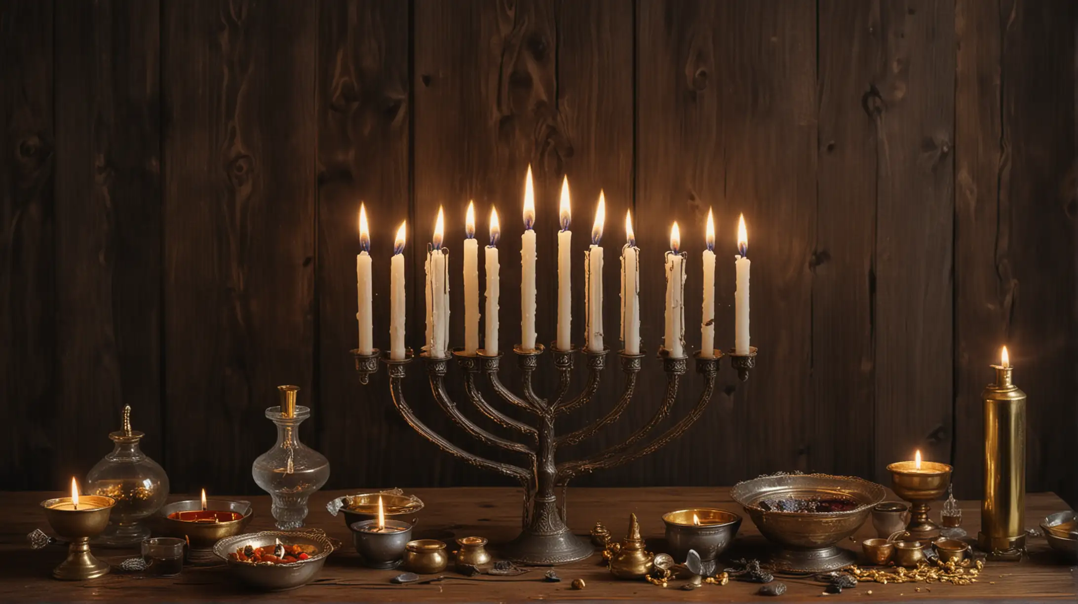 Candles in a menorah, lit, on a wooden table, with some bottles of incense oil, and some gold and silver bowls