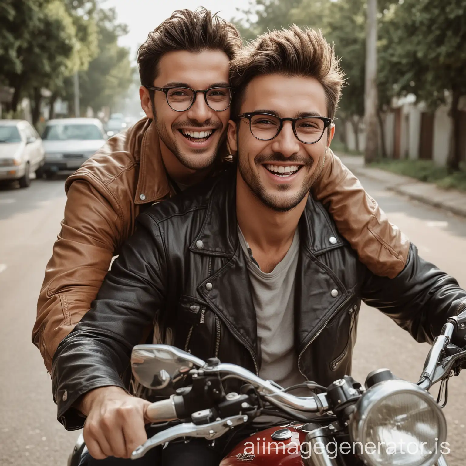two men riding same motorcycle and smiling and one of them has glasses on his eyes