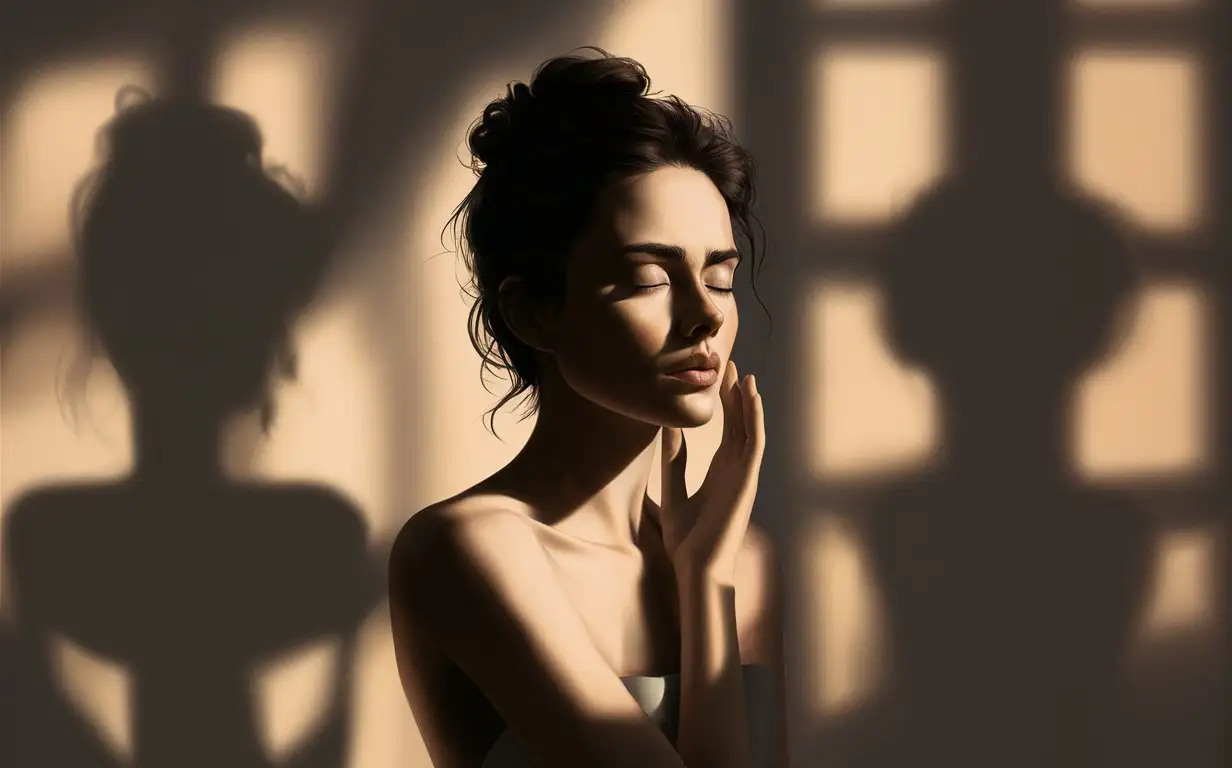 she has closed eyes as if lost deep within thought or meditating, embodying tranquility and calmness. she silhouette stands out against the soft shadows, creating depth and dimension without any text on it. --ar 88:93 --v 6.0 --style raw