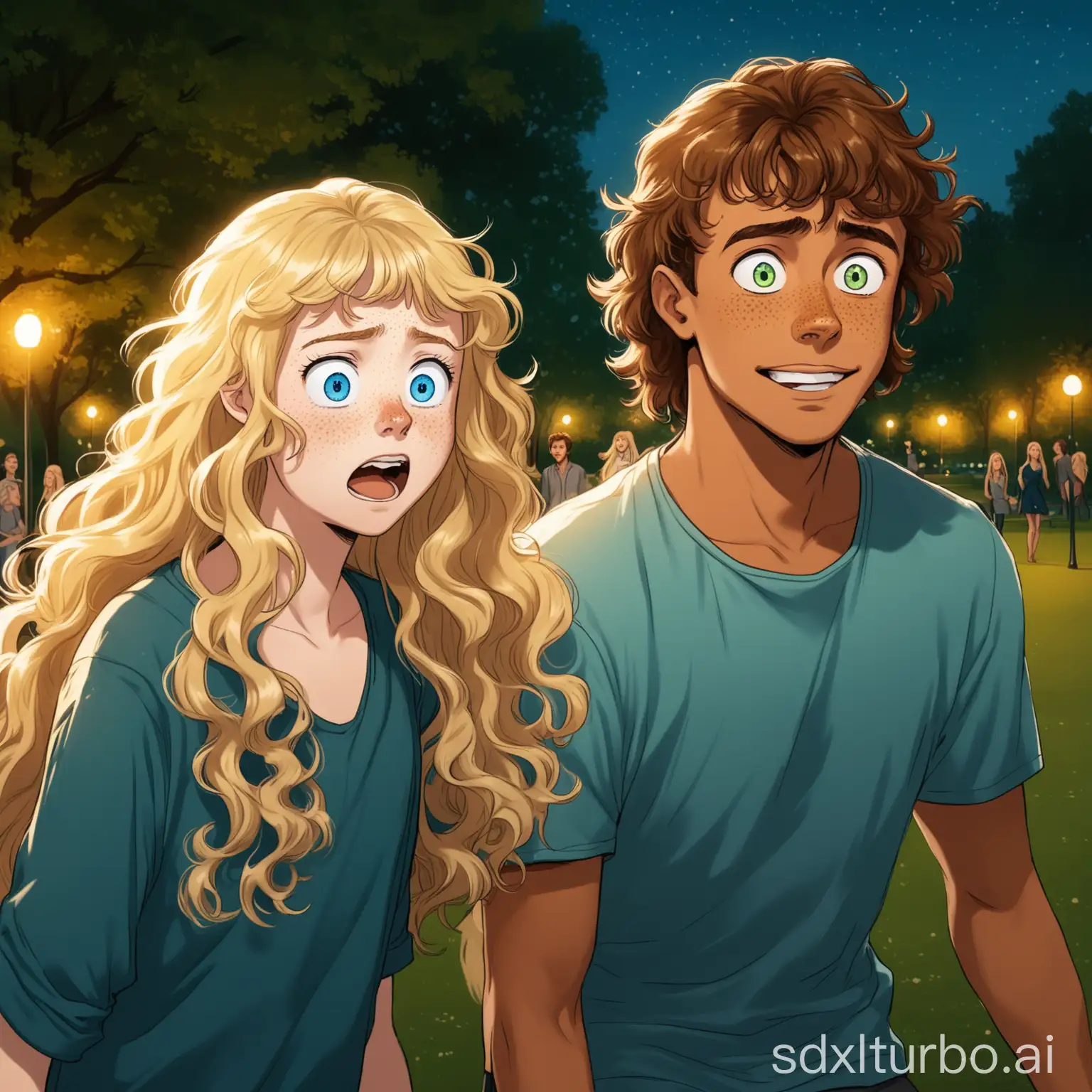 a handsome tanned young man with brown mullet hair and green eyes, making fun with a Scandinavian blonde girl with blue eyes, frizzy long hair and bangs, freckles, rolling eyes expression, in the evening of a park, full view
