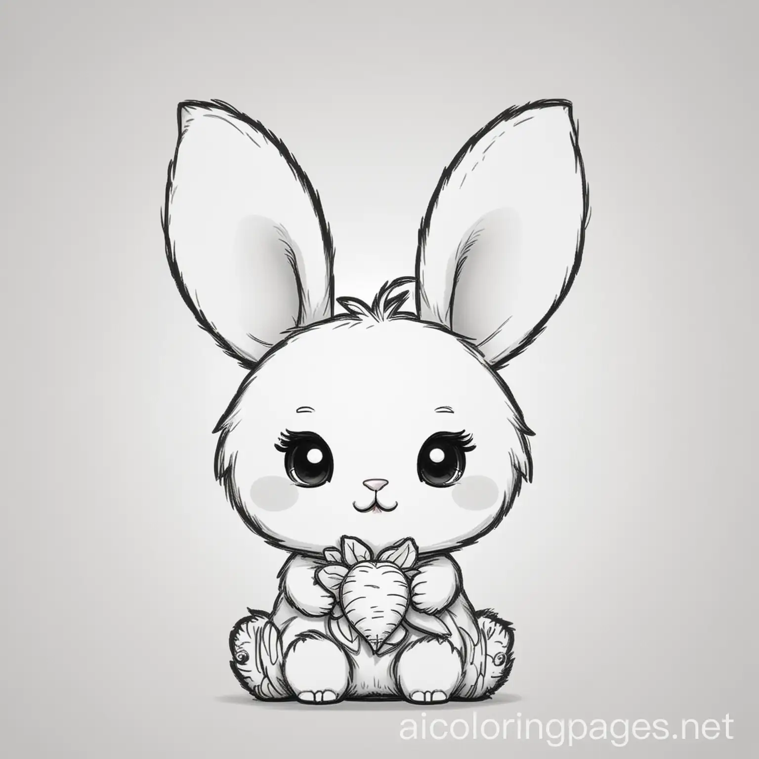Kawaii Bunny - Fluffy with long ears, a tiny nose, and holding a small carrot, Coloring Page, black and white, line art, white background, Simplicity, Ample White Space. The background of the coloring page is plain white to make it easy for young children to color within the lines. The outlines of all the subjects are easy to distinguish, making it simple for kids to color without too much difficulty