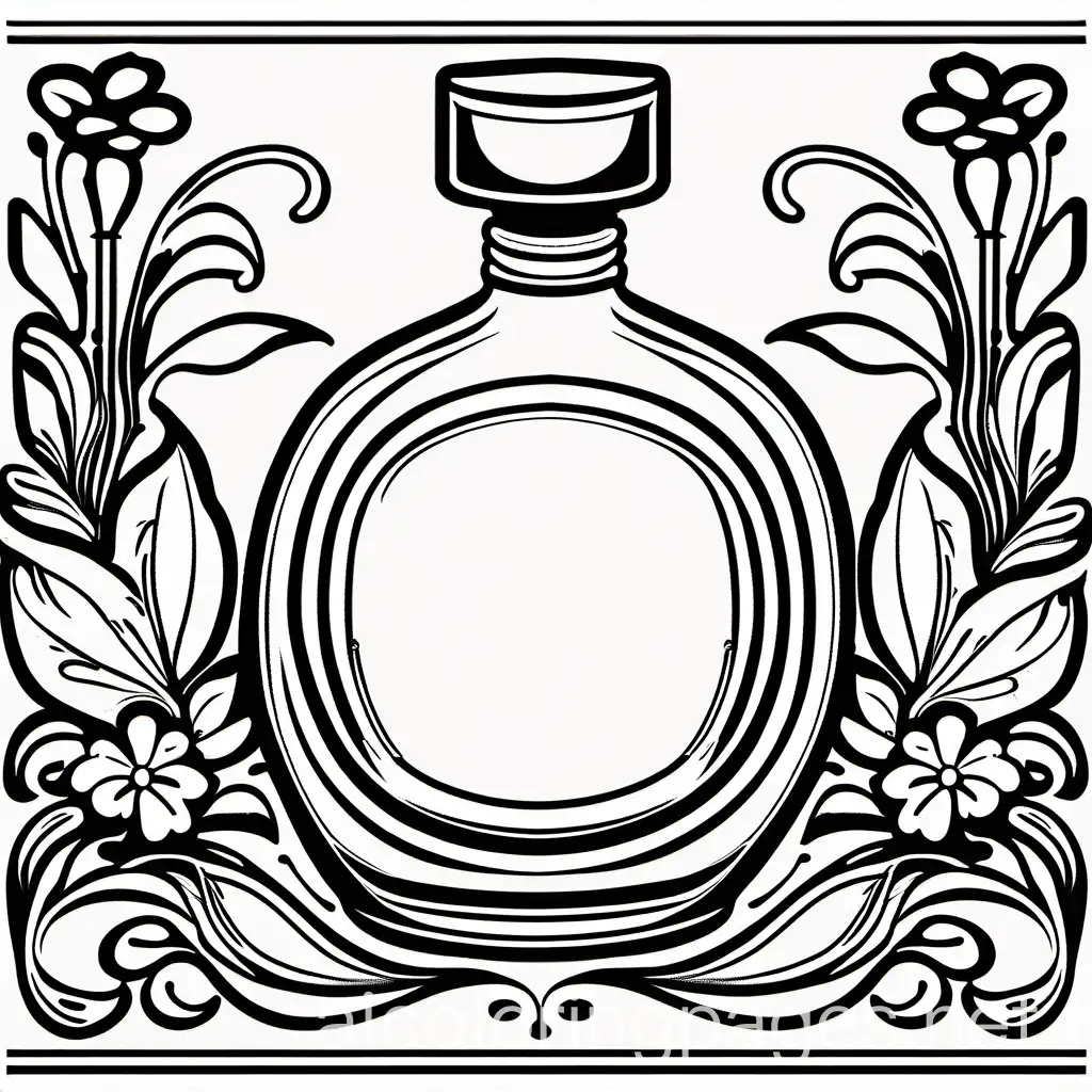 Art Nouveau style perfume bottle and a vase with flowers, Coloring Page, black and white, line art, white background, Simplicity, Ample White Space. The background of the coloring page is plain white to make it easy for young children to color within the lines. The outlines of all the subjects are easy to distinguish, making it simple for kids to color without too much difficulty