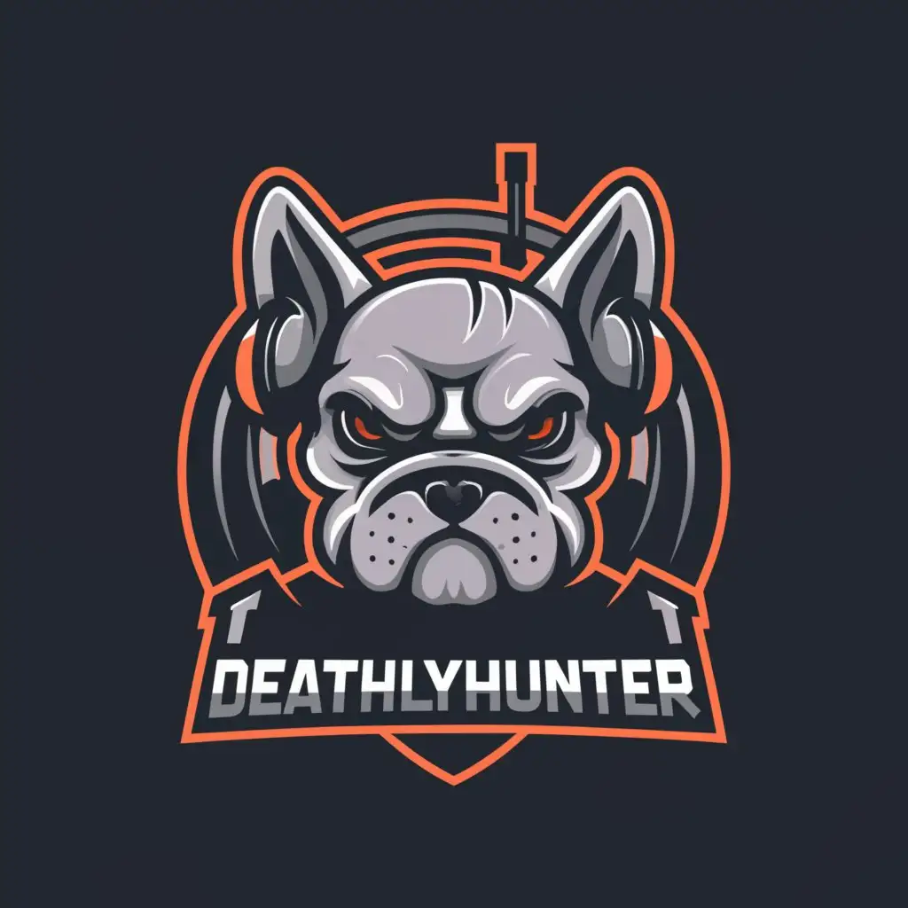 a logo design,with the text "DeathlyHunter", main symbol:angry french bulldog with headset, fps, gaming, clear background,Moderate,clear background