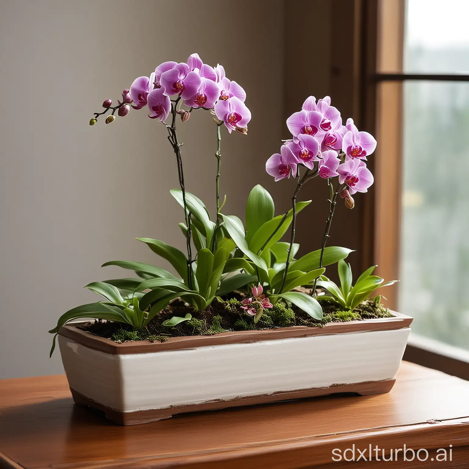 Create a product details page, featuring a rectangular bonsai flowerpot with orchids planted in it. The bonsai flowerpot is placed in a bright spot in the room, preferably where it can receive some sunlight, but avoid prolonged exposure to strong sunlight to prevent damage to the bonsai. Typically, choosing a location near the window is a good choice to ensure the plant gets adequate light.