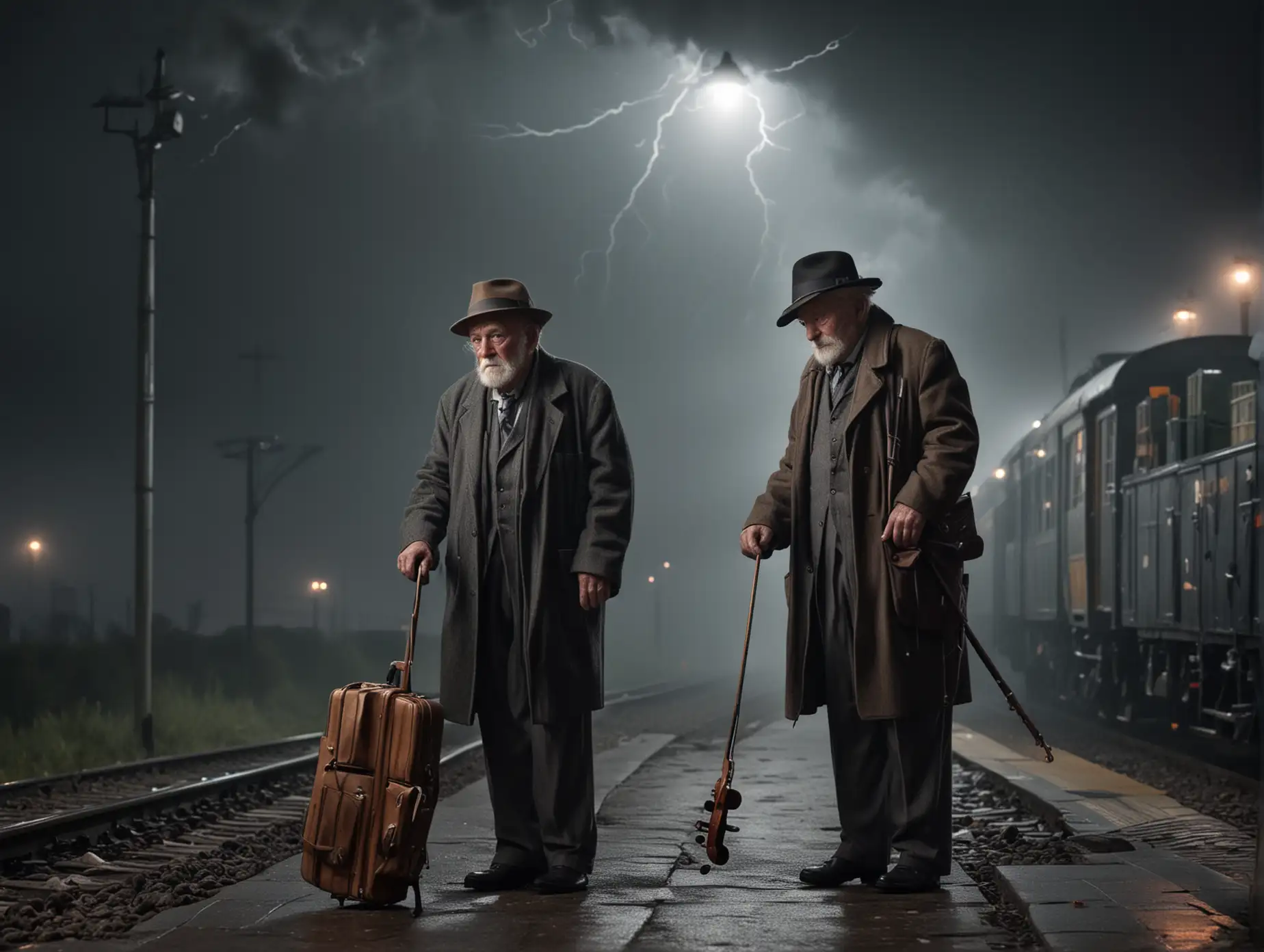 old man in a hat with a cane and a violin case standing under a light waiting for a train late at night with lightning in the sky