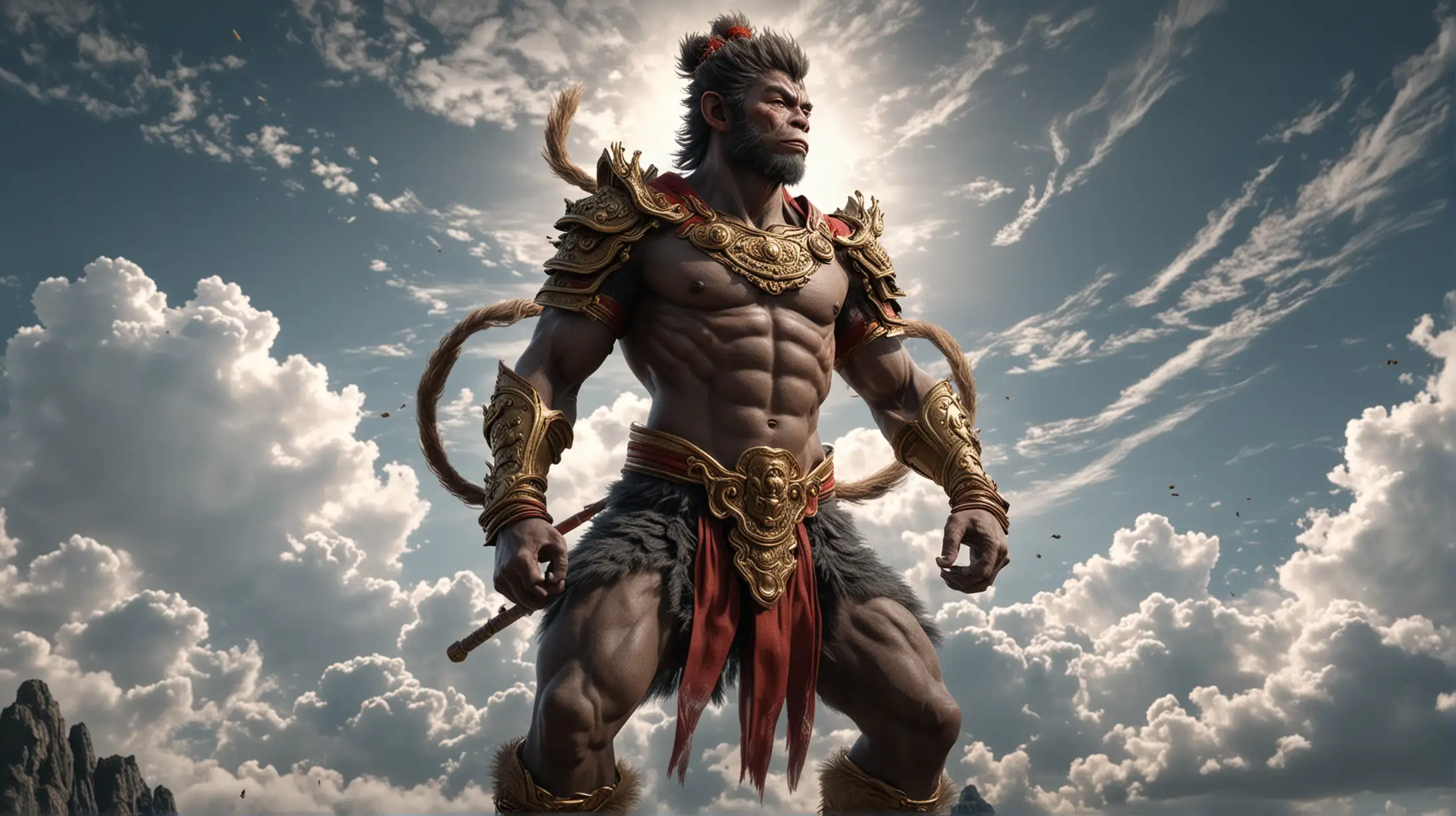 Generate a 4K hyperrealistic image depicting the son god wukong entire body facing the skies, facing backward.