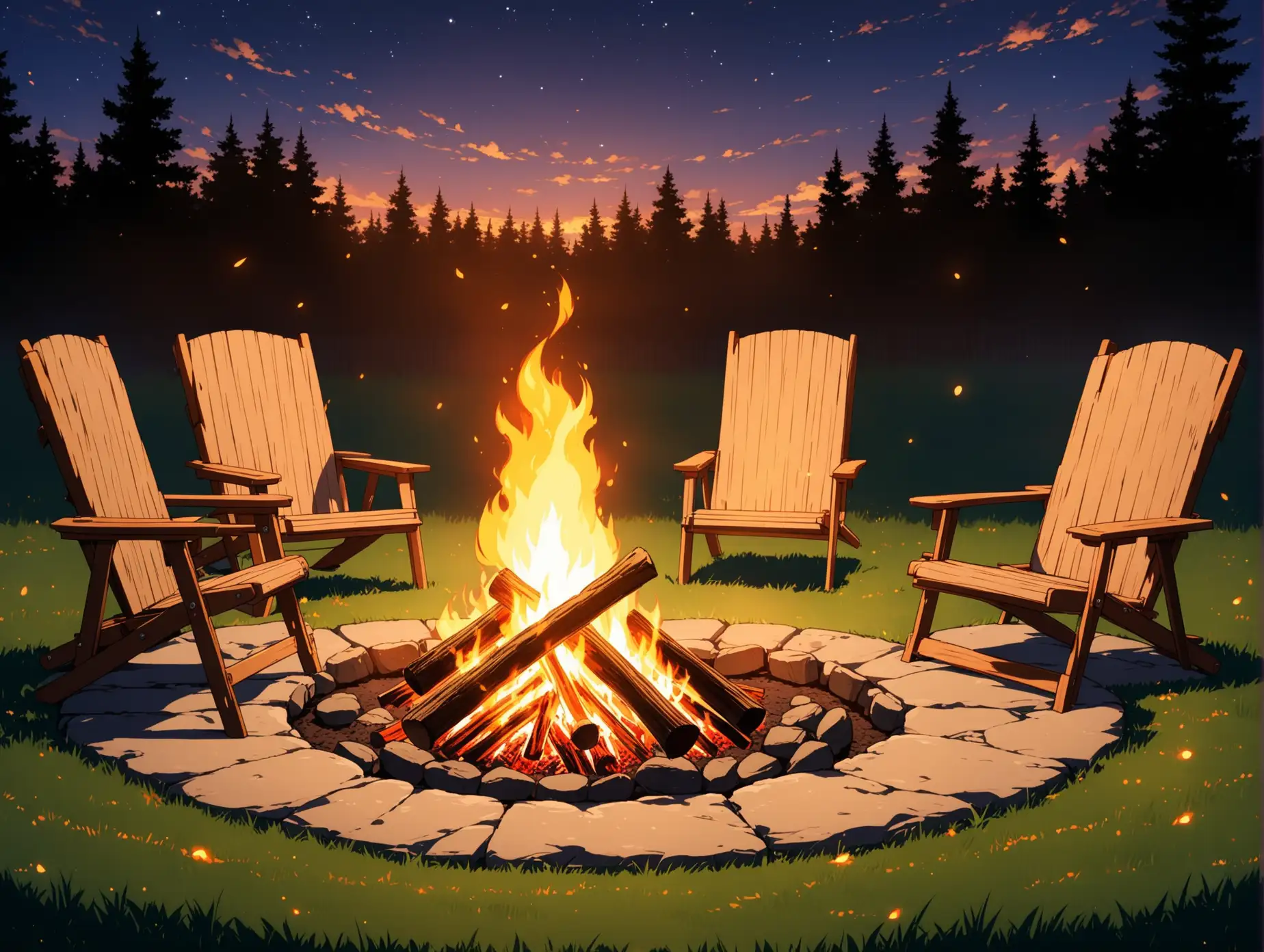 anime, campfire circle background, yard chairs around campfire, simple, view from the front, close angle shot