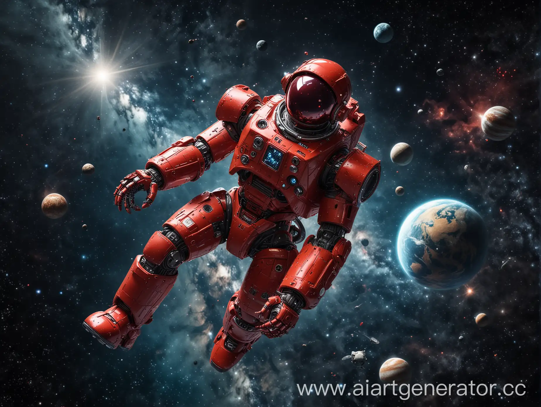 Red-RobotAstronaut-Floating-in-Space-Among-Stars-and-Planets