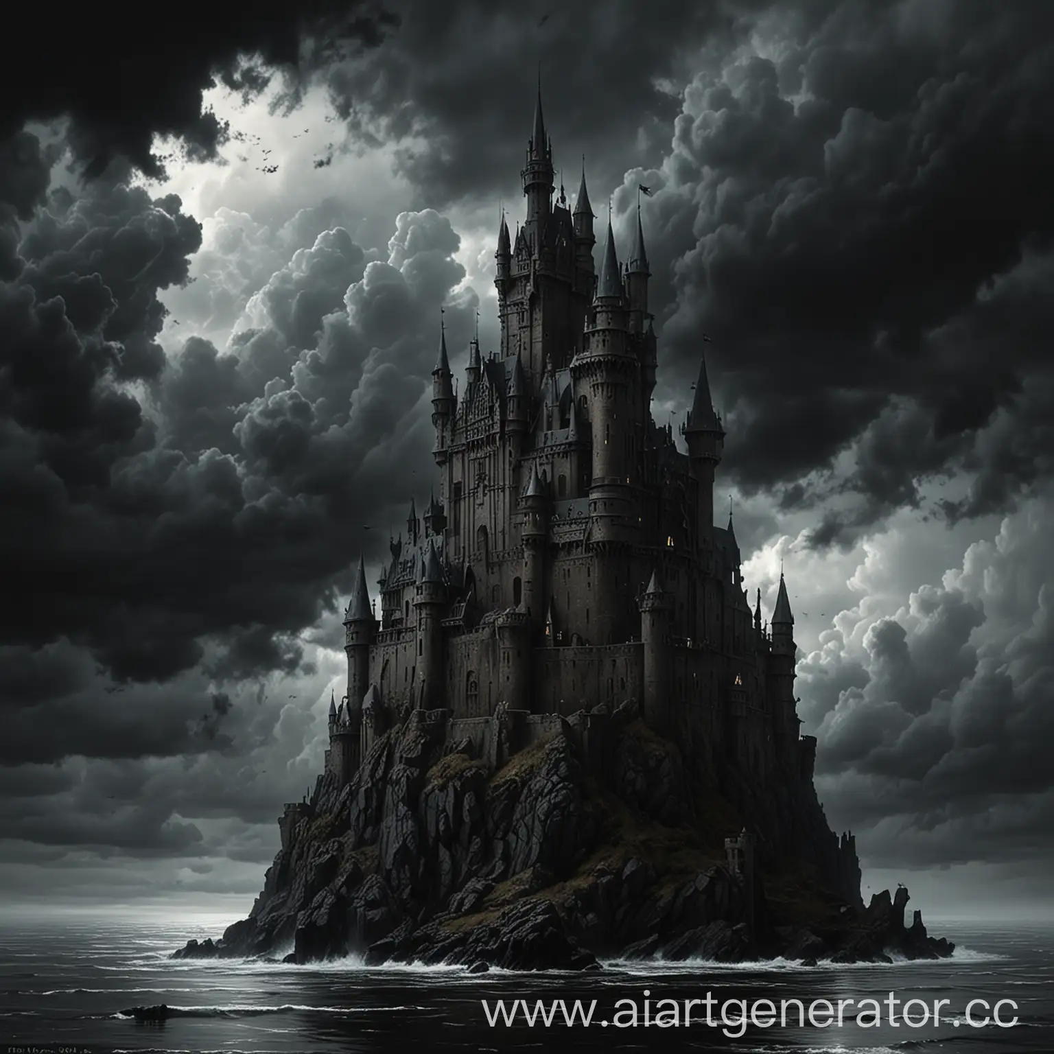 Черный выскокий замок, пасмурно, преимущественно темные тона, реализм