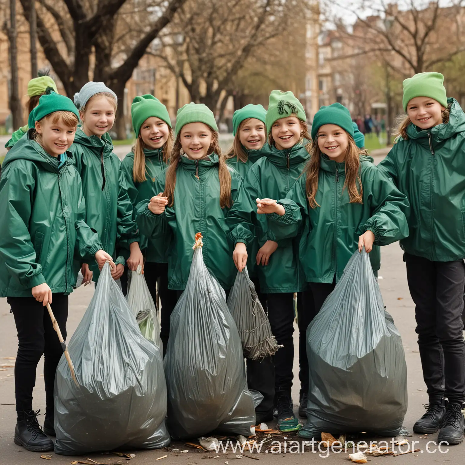 Реальная фотография. Группа школьников которым 12 лет в парке убирают мусор. У школьников в руках пакеты для мусора и грабли. На них зелёные куртки и зелёные кепки. Все улыбаются. На улице весна