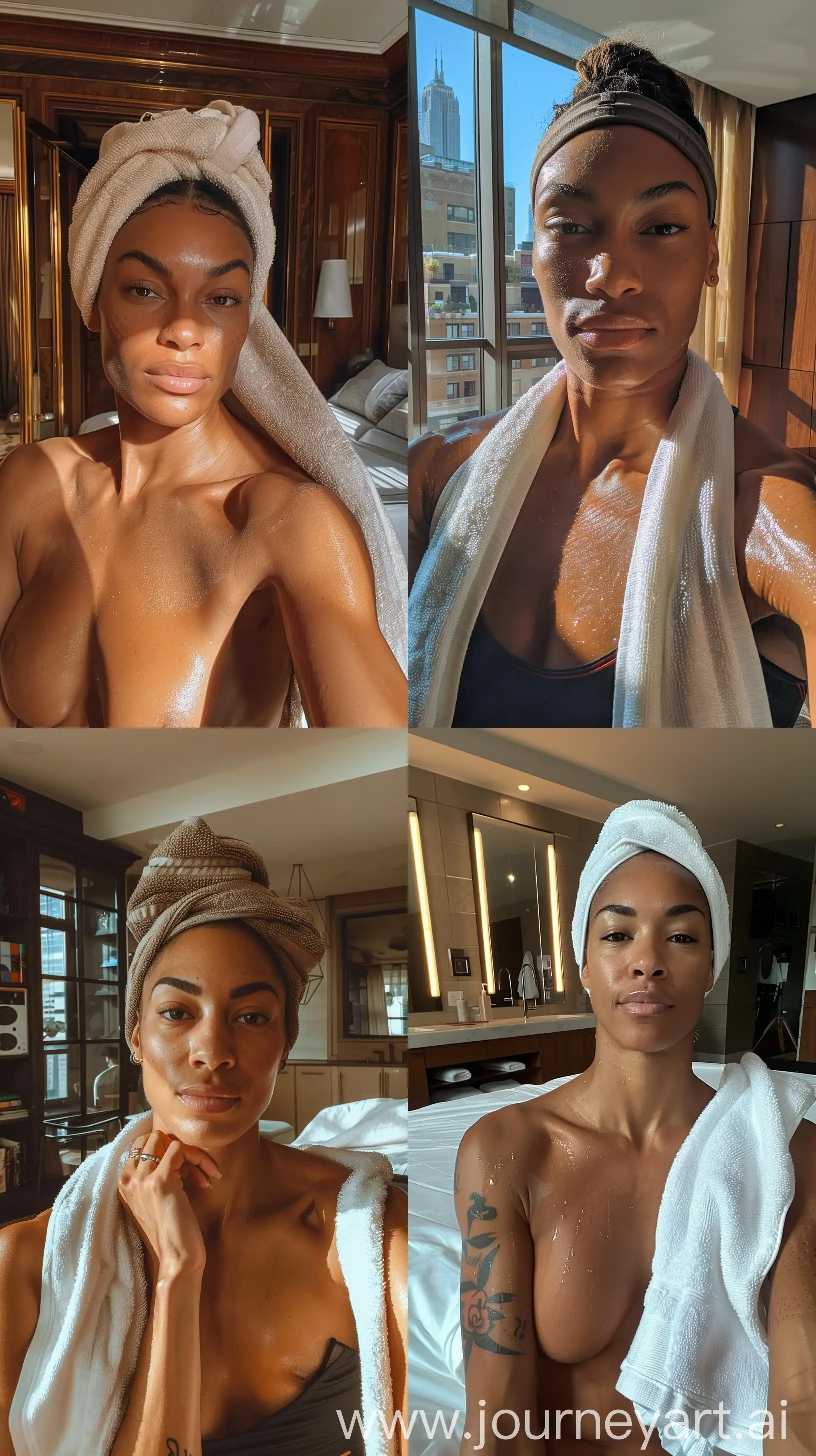 Aesthetic Instagram close up selfie of an toned WNBA player, in fancy New York apartment, towel, tall, warm brown tones --ar 9:16
