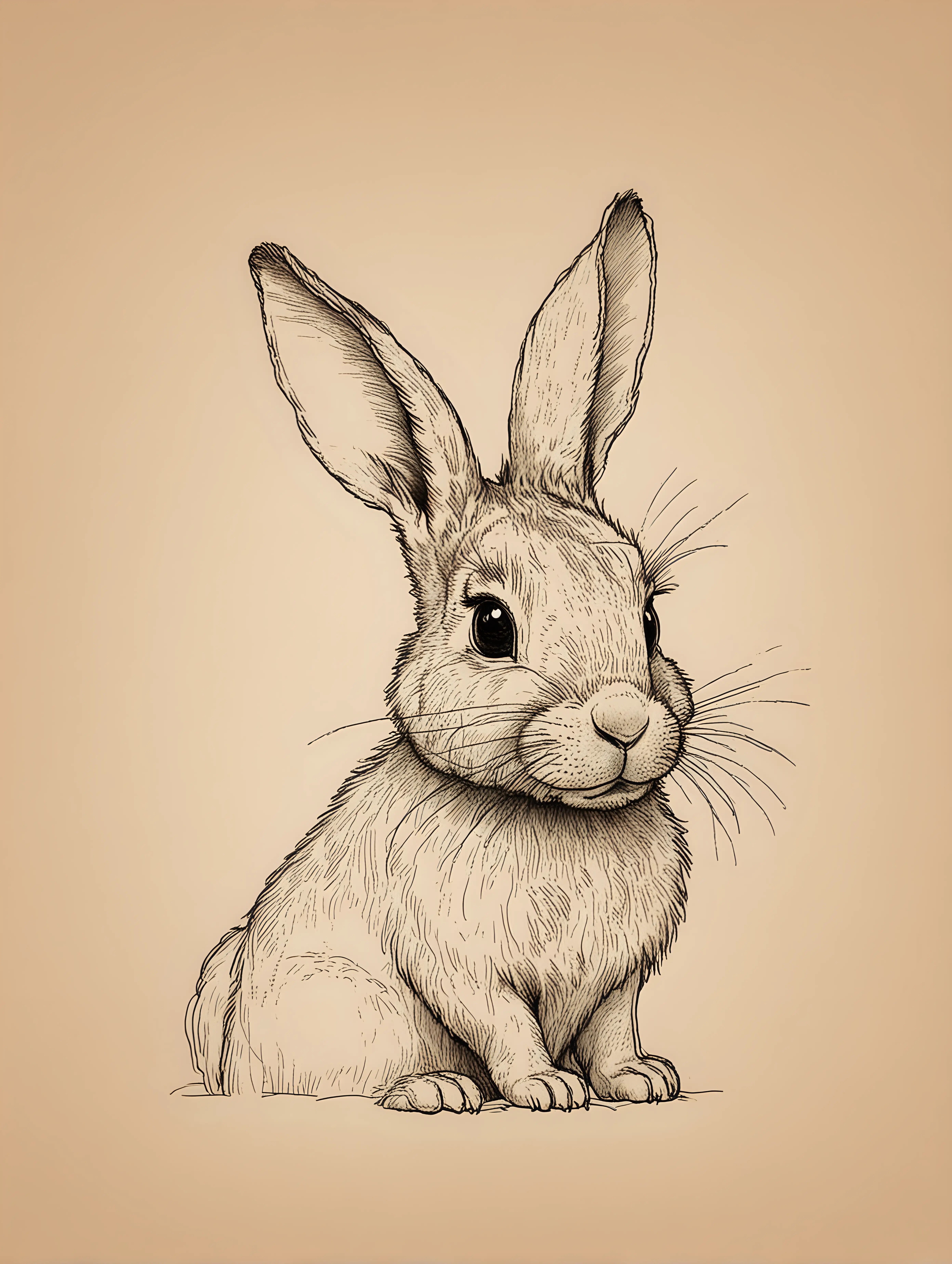 Simple color line drawing of a rabbit with black ears in beatrix potter style
