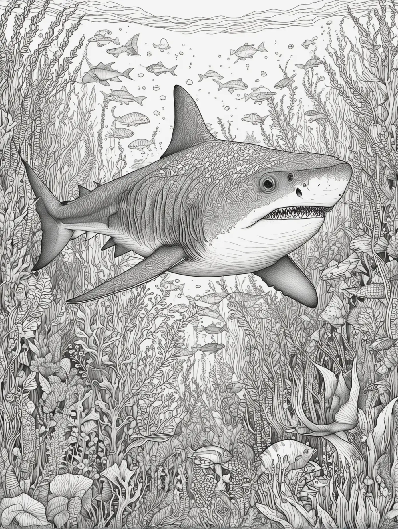 Bitte erstelle eine Malbuchseite für Erwachsene, schwarze feine Linien, zum Thema: Unterwasserwelt, mit 1 Hai