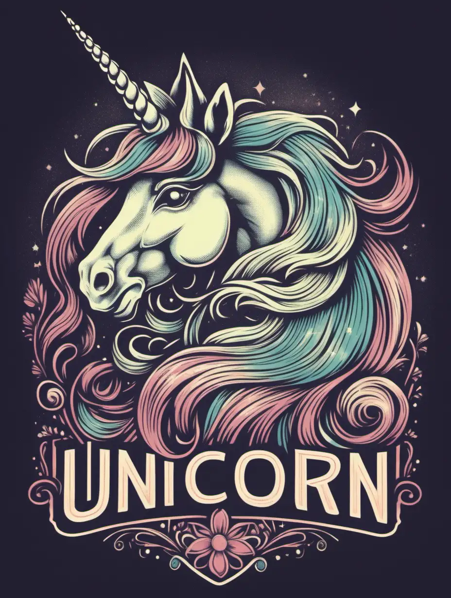 cool unicorn , faded colours, logo, retro style, illustrated design, detailed 