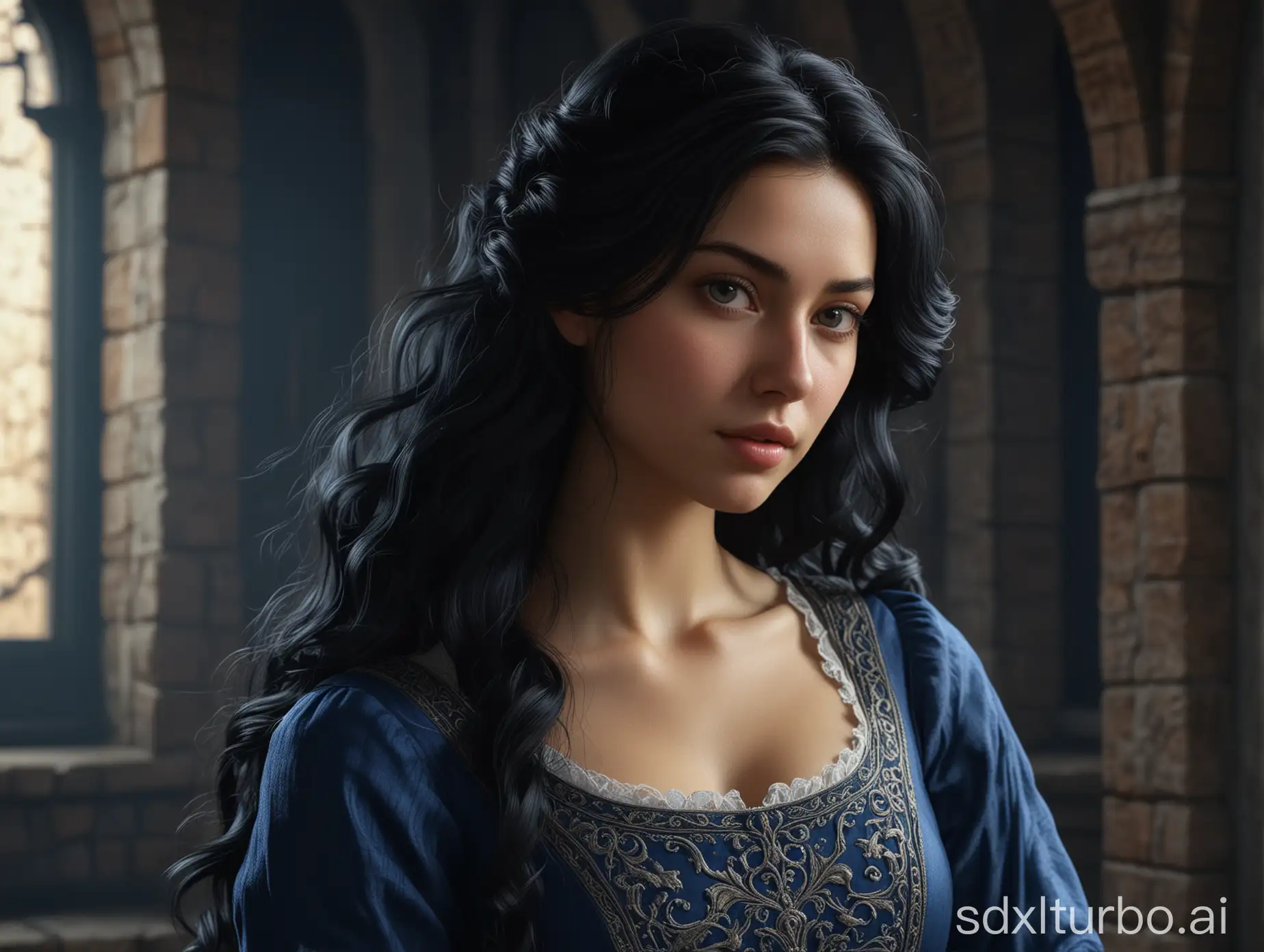 A cinematic, hyperrealictic portrait of a  beautiful girl of about twenty, with long black hair, slightly curly at the ends, in a medieval blue dress, perfect composition, beautiful detailed intricate insanely detailed octane render trending on artstation, 8 k, photorealistic concept art, soft natural volumetric cinematic perfect light, chiaroscuro,  masterpiece, greg rutkowski