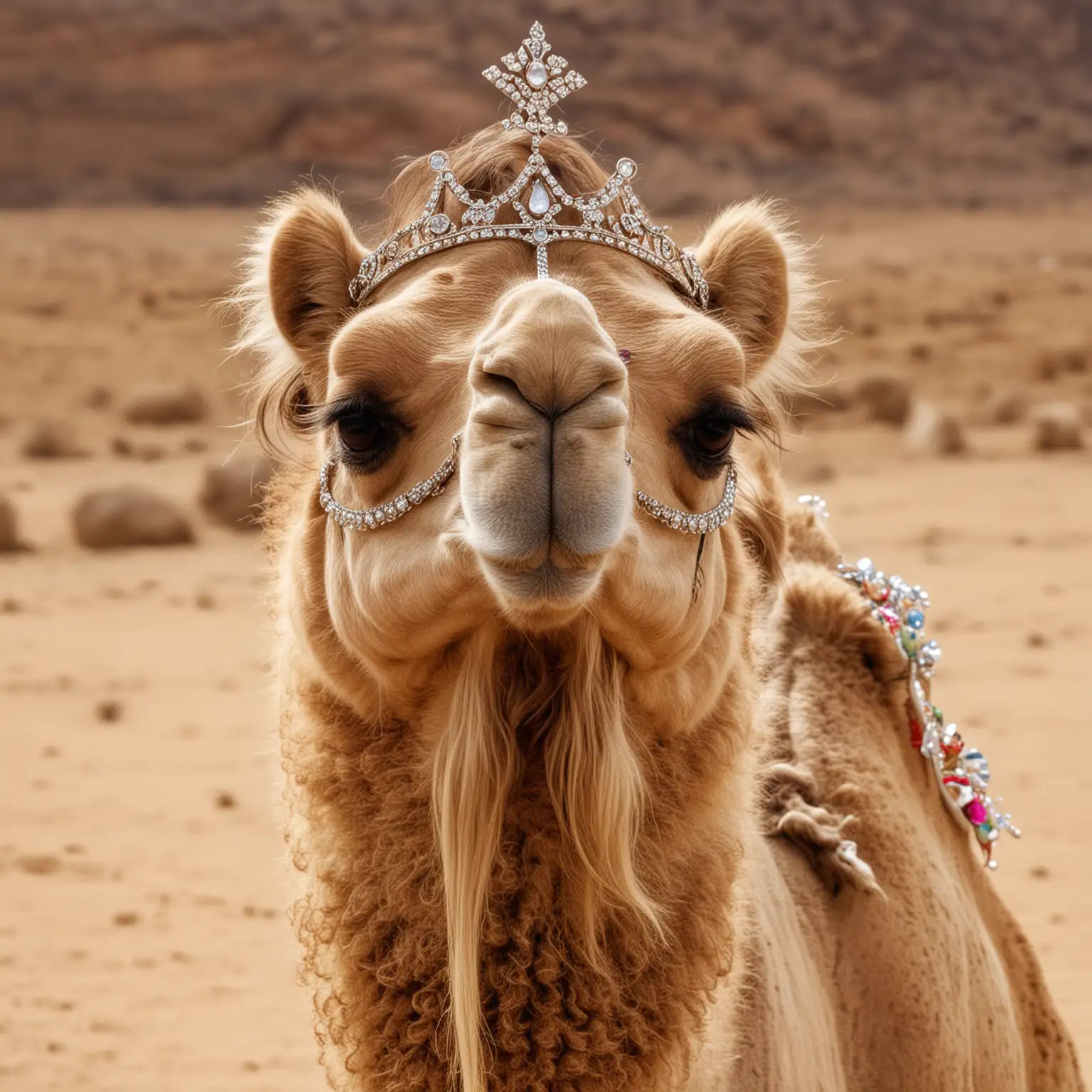 A camel with long, flowing hair wearing a tiara