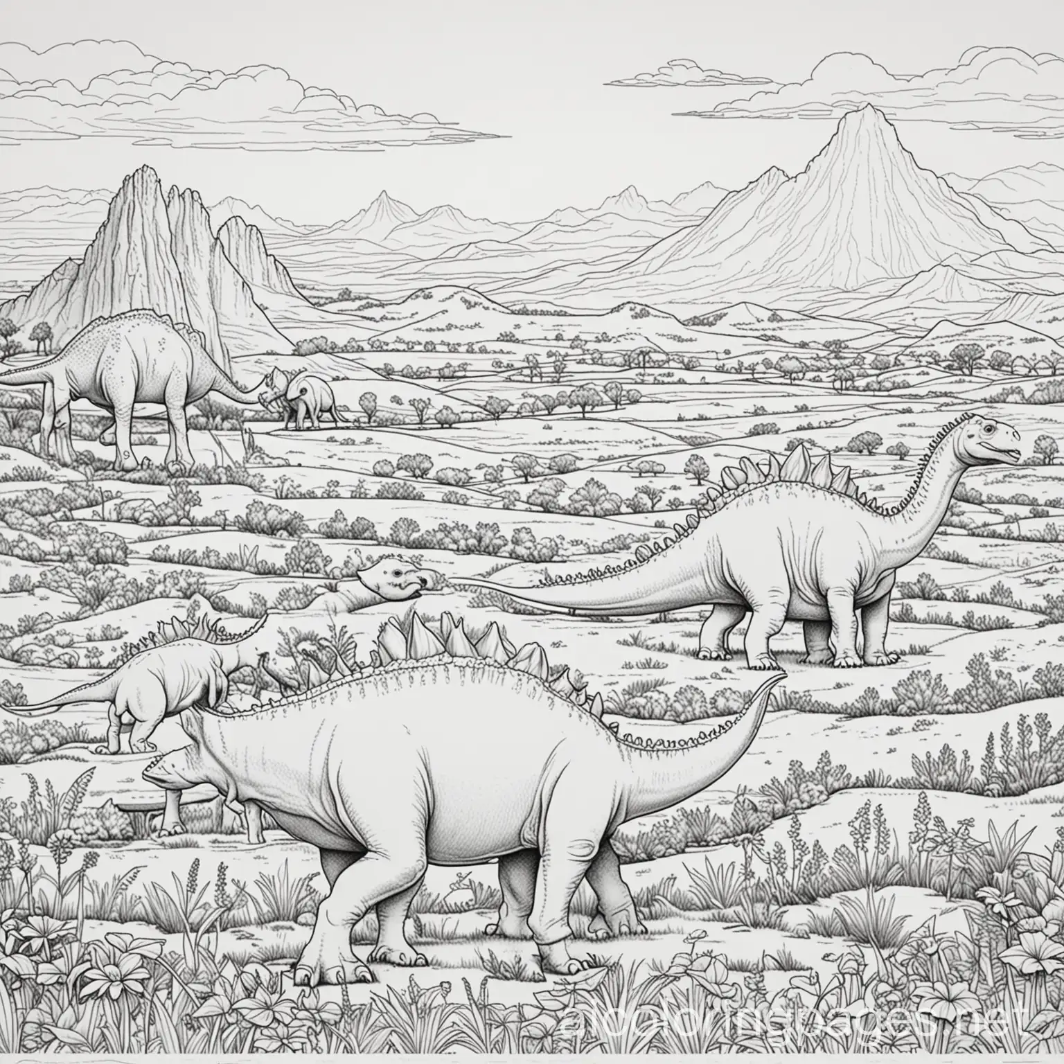 Dinosaur-Herd-Grazing-Brachiosaurus-Stegosaurus-and-Triceratops-Coloring-Page