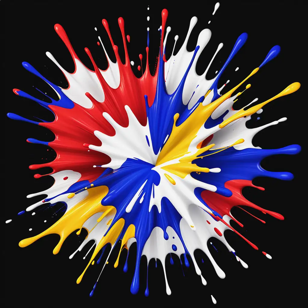 vibrant royal blue, red, yellow and white paint splash background bursting from the center. yellow as an accent color on a black background