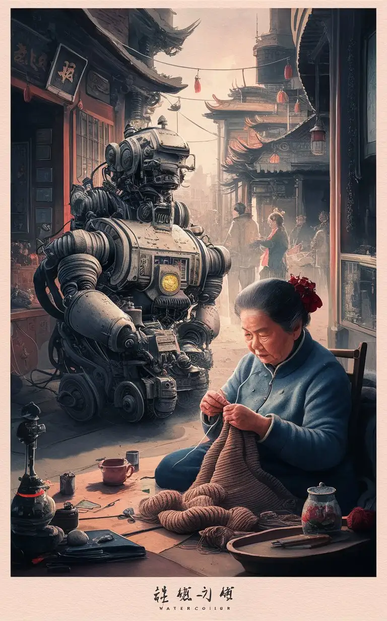 technique, human and machine, poster, Chinese element, traditional, homelike, watercolour, flat